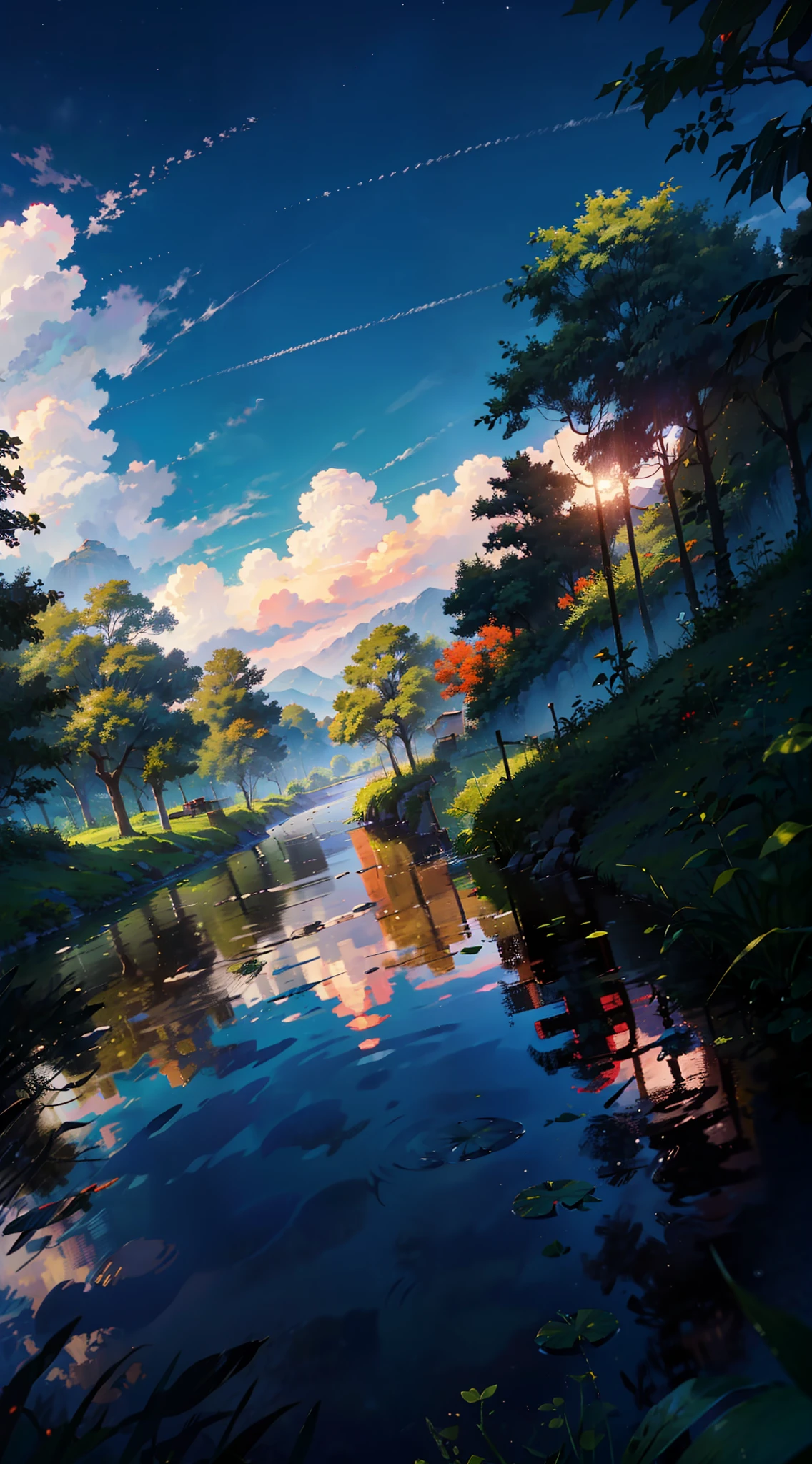 Summer, White Clouds, Runway: 1.2, Tree, Shooting Star, Small Waterhole, Reflection, Shady, Sunlight, Wide Angle, Best Quality, 8K, Perspective, Depth of Field, High Resolution, Fine Detail, Ultra Detail, Sharp Focus