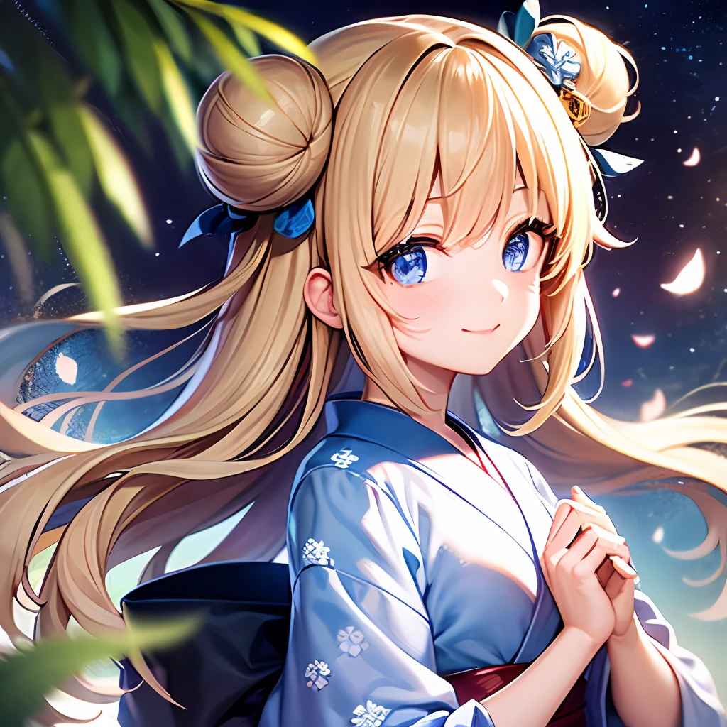 absurdity, one girl, smiling, {image of Tanabata} {Real: 0.75} {Hi-Res Texture} {Tanabata Background} {Bamboo Leaves Scattering} {Strips} {{Full body}} {Full body size} {x hair ornament} {{Japanese clothes}} {Scatter hearts on yukata} {Yukata in light blue and white} {1 girl} {3D HDTV background} { Bamboo Leaf Strips} {Strips of Wishes} {Joy} {{Beautiful Golden Hair}} {Bun Hair} {Super High Quality} {Super Awesome} {Summer Wind Chimes} {Night Sky Lanterns Shine} {Moonlight} {Detail of fingers} {Clearly depict small reflections of white light in the pupils, which adds depth to the pupils} {Full body} {Charming Woman} {Brilliant Stars} {best detail eyes} {super definition masterpiece top quality:1.2 4DCG high quality} {Break, focus on girls, glowing, highly detailed faces and eyes} {Break Bright color contrast catches the eye and blurring effect adds depth} {Enhance the subject by blurring the background} {clogs on the feet} {geta} {night sky}