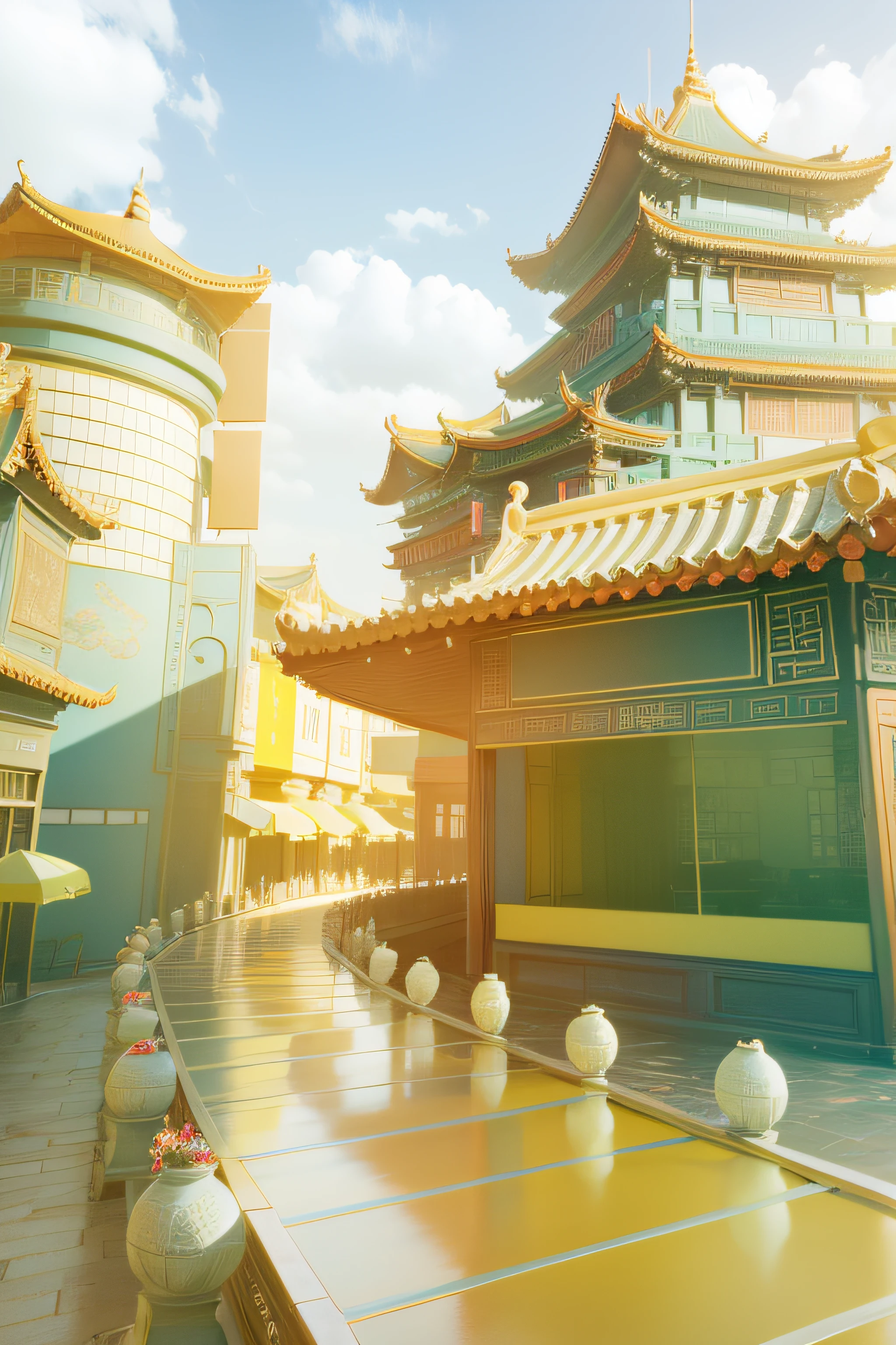 there is a long table with a lot of food on it, dreamy chinese town, 3 d stylize scene, beautiful render of tang dynasty, 3 d render stylized, in style of 3d render, city street view background, stylized 3d render, chinese palace, rendered in cinema4d, rendered in cinema 4 d, background depicting a temple --auto