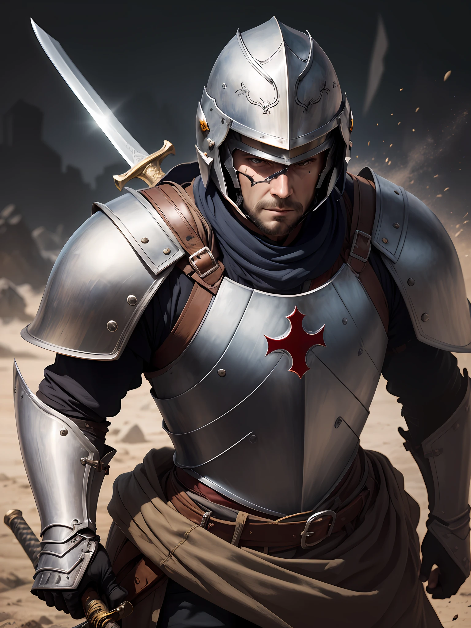 PORTRAIT knight templar warrior on the battlefield, wearing armor (( helmet Detailed)))the detailed face,(sword in hand )shield))shadow drop, halftone, vanishing point, diffraction peaks, f/1.8, Nikon, high detail, UHD, masterpiece, best quality, highres, 16k