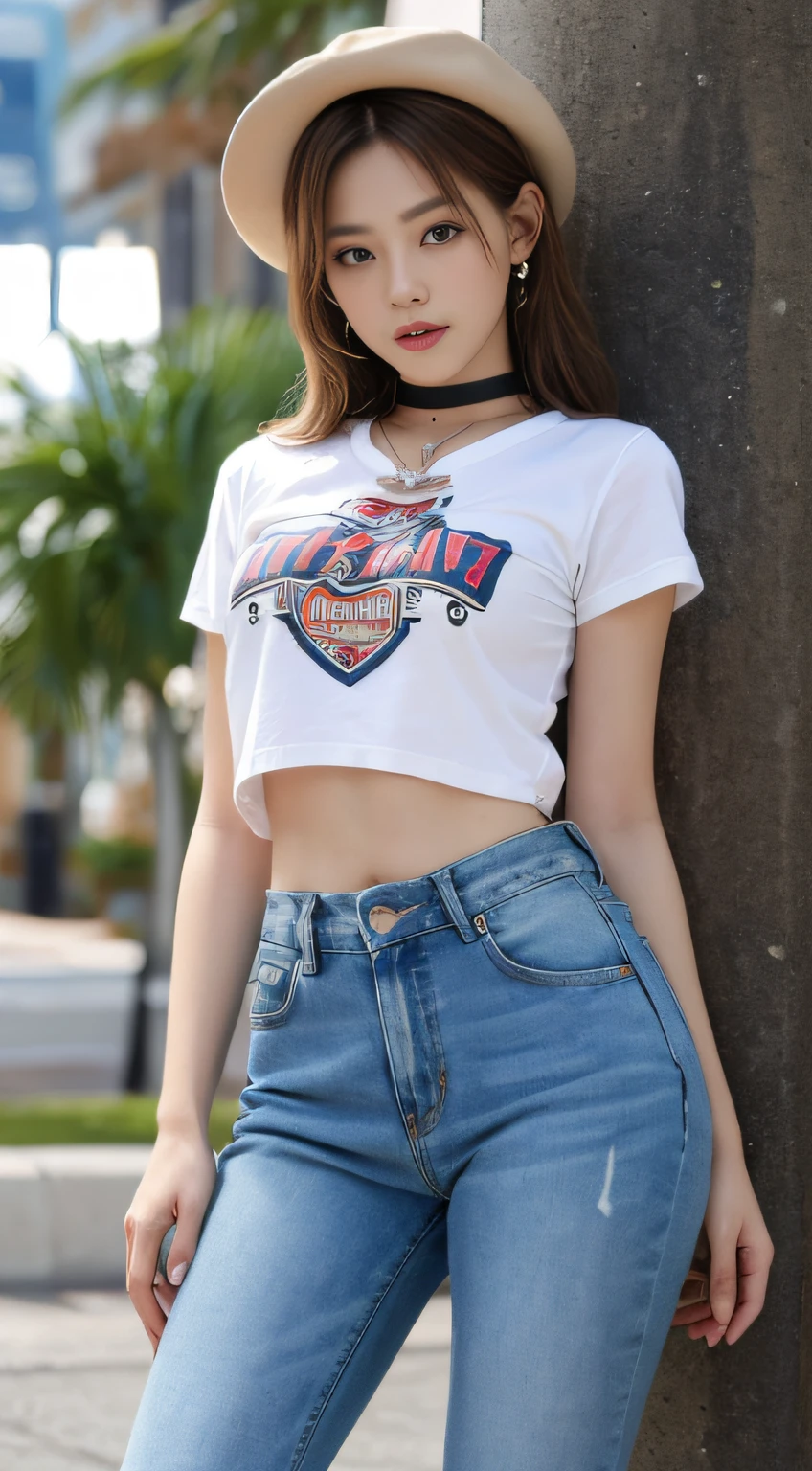 ((Top Quality, 8k, Masterpiece: 1.3)), Sharp Focus: 1.2, Beautiful Women in Perfect Style: 1.4, Slender Abs: 1.2, ((Dark Brown Hair, Big: 1.2)), Angel Face, Detailed Face, Beautiful Girl, Cute, White T-shrt, Jeans, Pendant, Waikiki Beach: 1.2, Palm Tree, (Front Shot), (Full Length Photo: 1.3,), Highly detailed face and skin texture, detailed eyes, double eyelids (cowboy shot: 1.2), (perfect anatomy: 1.2), (black t-shirt, pants, choker, beret: 1.2),