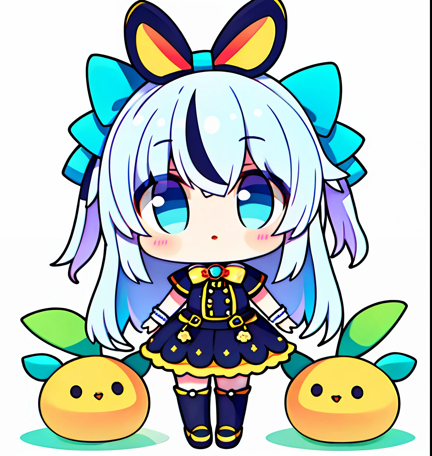 Chibi, full body, white background, high detail, UHQ, (multicolored), bow, (1 girl), (colored), rabbit