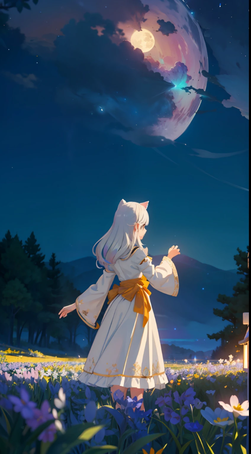 Extensive landscape photo , (above and below looking down), girl standing in flower field looking up, (full moon:1.2), ( shooting stars:0.9), (nebula:1.3), starry sky, white flower field, flower field shining, fantastic flower field, tree , (warm light source:1.2), (firefly:1. 2), lamp, orange and blue mostly fine details, voluminous lighting BREAK (Masterpiece:1.2), (top quality), 4k, super detailed, (dynamic composition:1.4), very fine details, colorful details, ( iridescent:1.2), (glowing lighting, atmospheric lighting), dreamy, fantastic, (solo:1.2), sparkling, glow, petals dancing, white hair, beautiful hair, long hair, cat ears, back view, water effects, soap bubbles, posed, hands are hidden in sleeves, Large lacy sleeves