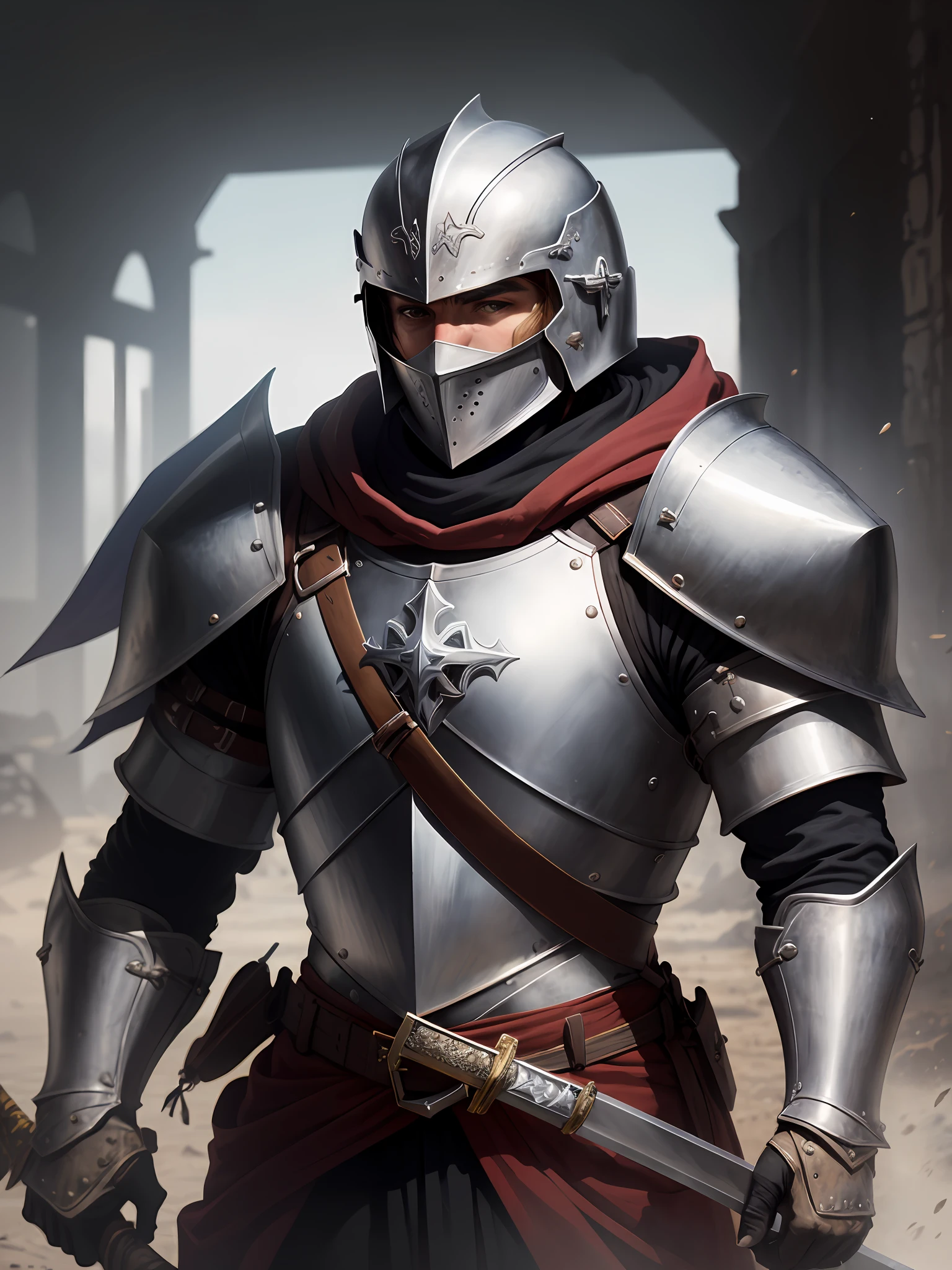 PORTRAIT knight templar warrior on the battlefield, wearing armor (( helmet Detailed)))the detailed face,(sword in hand )shield))shadow drop, halftone, vanishing point, diffraction peaks, f/1.8, Nikon, high detail, UHD, masterpiece, best quality, highres, 16k