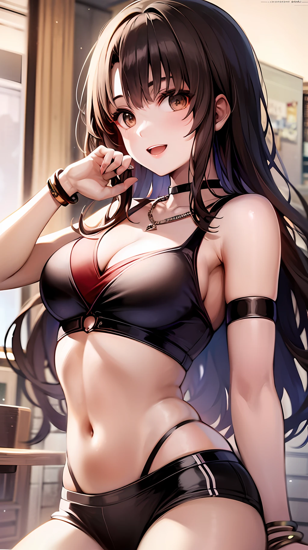 masterpiece, highres, best quality, 1girl, solo, long hair, looking at viewer, smile, open mouth, navel, cleavage, jewelry, medium breasts, choker, midriff, necklace, bracelet, crop top,