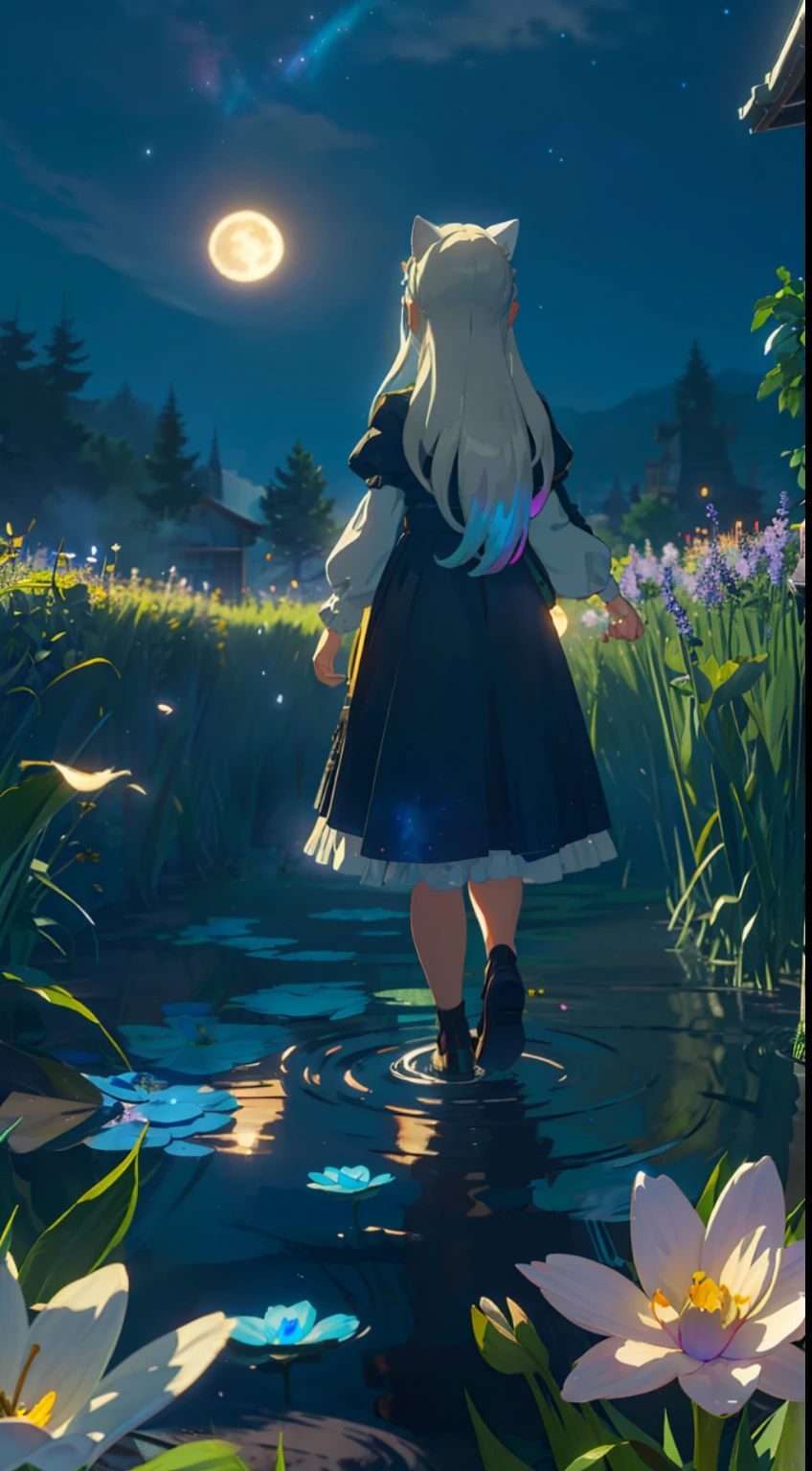 Extensive landscape photo , (above and below looking down), girl standing in flower field looking up, (full moon:1.2), ( shooting stars:0.9), (nebula:1.3), starry sky, white flower field, flower field shining, fantastic flower field, tree , (warm light source:1.2), (firefly:1. 2), lamp, orange and blue mostly fine details, voluminous lighting BREAK (Masterpiece:1.2), (top quality), 4k, super detailed, (dynamic composition:1.4), very fine details, colorful details, ( iridescent:1.2), (glowing lighting, atmospheric lighting), dreamy, fantastic, (solo:1.2), sparkling, glow, petals dancing, white hair, beautiful hair, long hair, cat ears, back view, water effects, soap bubbles, posed, hands are hidden in sleeves, Large lacy sleeves