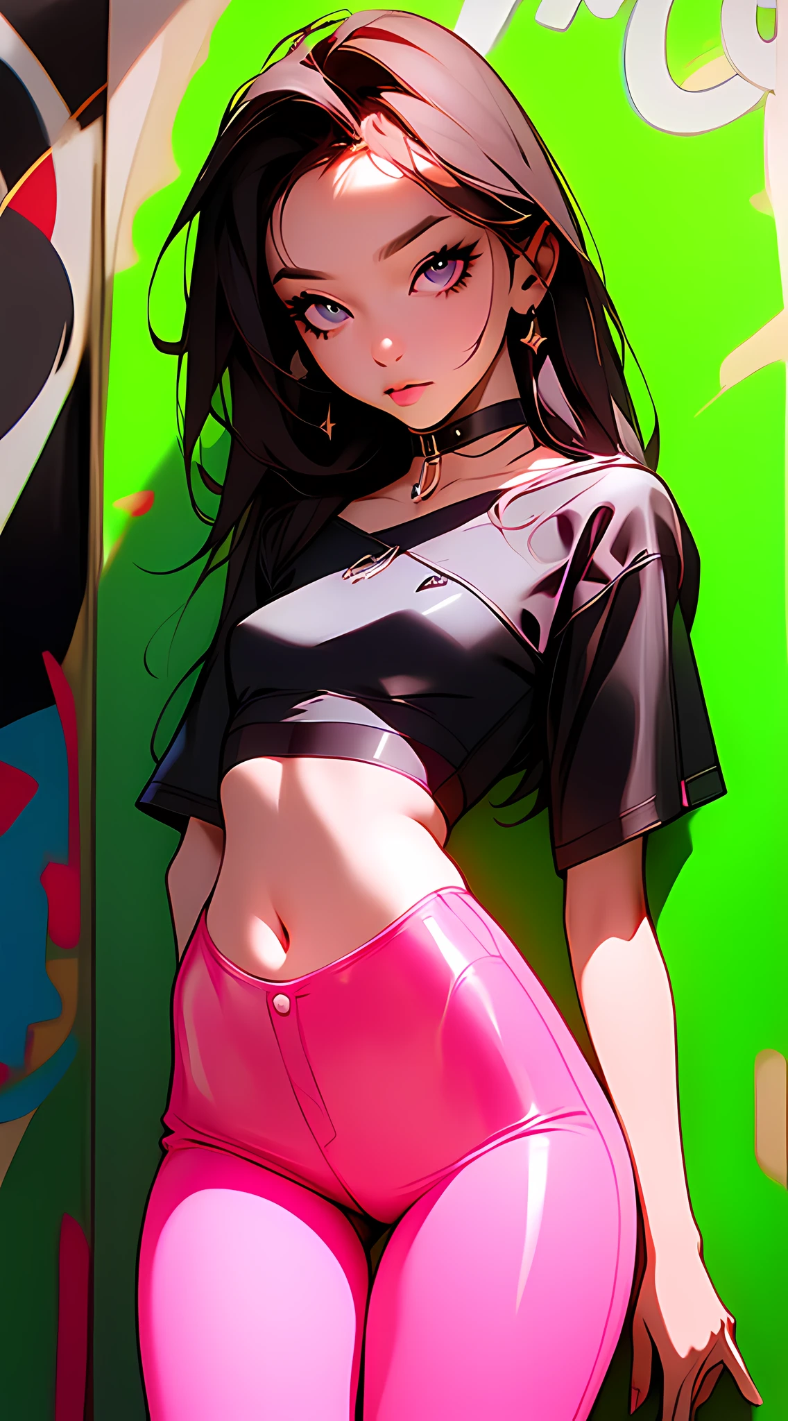 (masterpiece, best quality:1.4), official art, absurdres, vivid colors, girl, beautiful eyes, tight crop top, tight pants, choker, (splash ink, graffiti on wall:1.2), navel, slender, standing, from below, cowboy shot, small waist, thick thighs, (arch back, perky butt:0.6), small head, sharp focus, dynamic lighting, cinematic lighting, dramatic shadow, highres, ultra detailed, finely detail, extremely detailed, detailed eyes and face, sharp pupils, realistic pupils, simple background