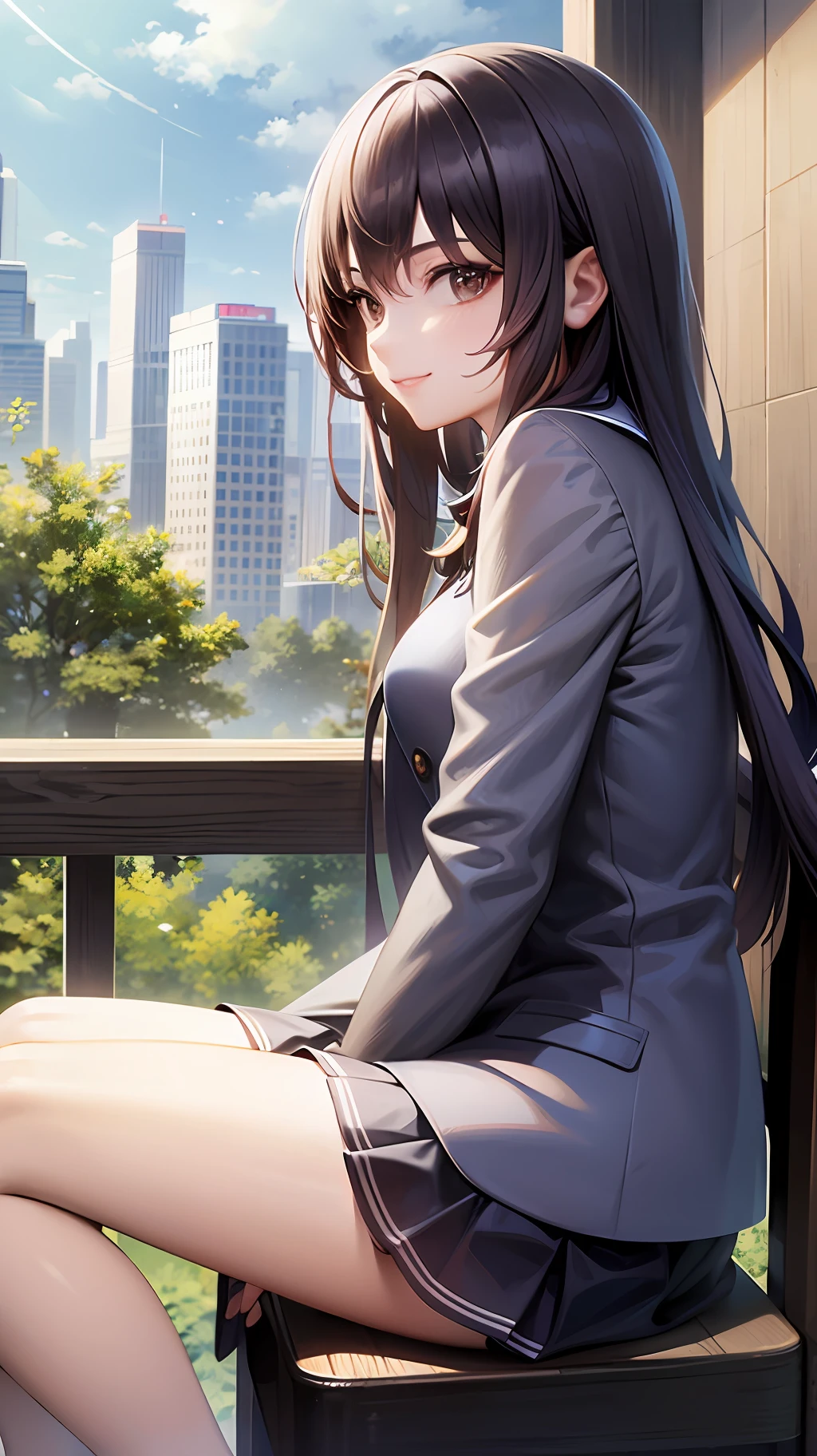 masterpiece, highres, best quality, 1girl, solo, long hair, smile, dress, sitting, from side, jacket on shoulders