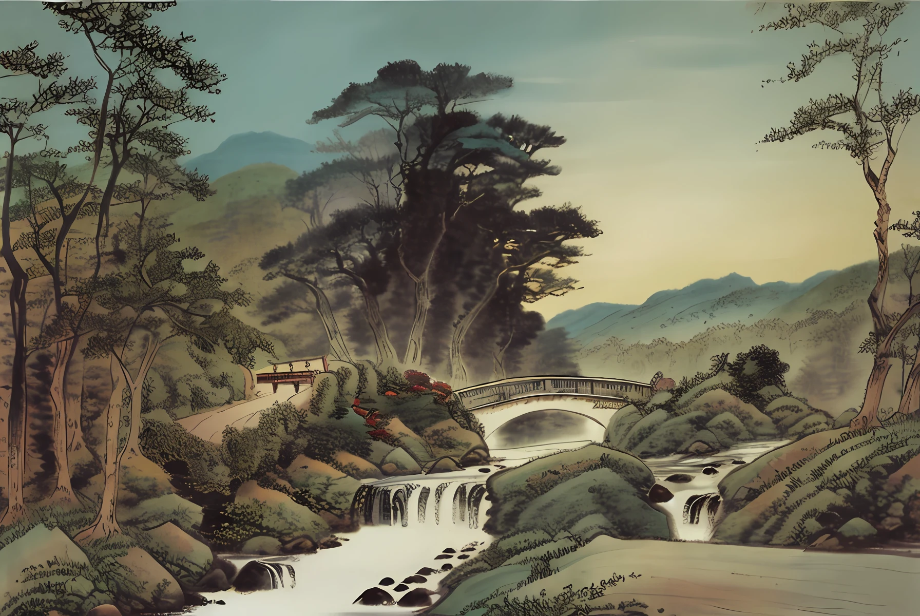 Masterpiece, HD, Chinese painting, landscape painting, green forest, small bridge, with sunset