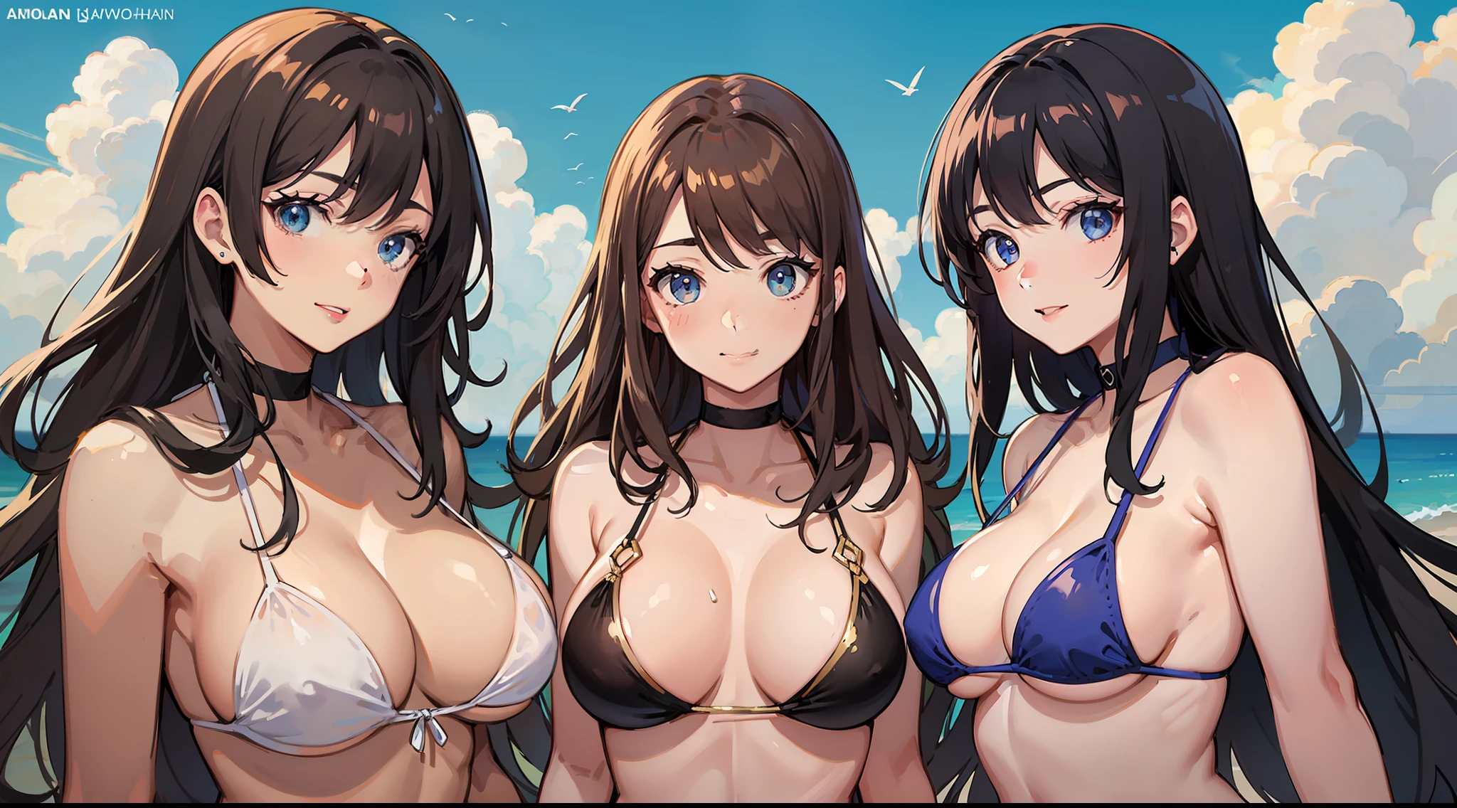 harem,three women,large breasts,tall of a person,tan line,gravure,sexy pose,swimwear,bikini,micro bikini,medium hair,semi-long hair,long hair,straight hair,wave hair,black hair,brown hair,blonde hair,brown eyes,gold eyes,blue eyes,seductive smile,cute,naughty expression,flushed cheeks,outdoor,sky,daytime,beach,illustration style,illustration