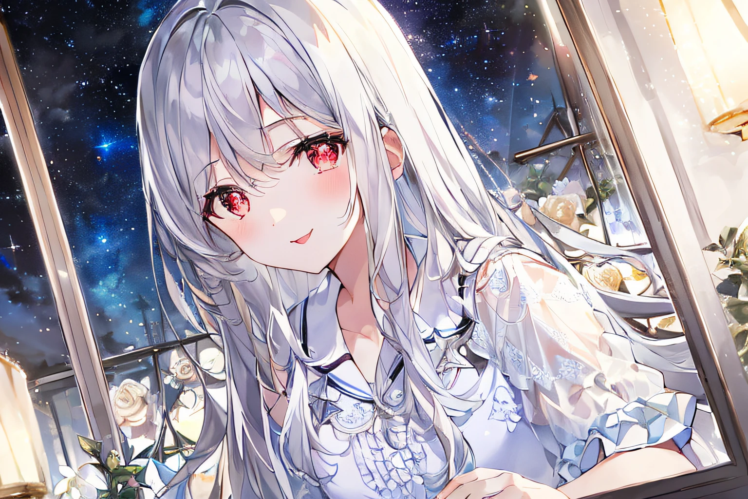 1girl, full body, denim photo, (Rembrandt), illustration, (masterpiece), (best quality), (ultra_detailed), finely detail, (Depth of field), , glove, long hair, star\ (symbol\), looking at viewer, (silver hair:1.2), red eyes, upper body, hair ornament, :p, frills, pink shirt, smile, sleeveless, shirt, idol, symbol-shaped pupils, hands up, sleeveless, shirt, idol, symbol-shaped pupil, bangs, side up, star-shaped pupil, arms up, skirt pulling, roaring twenties, isometric, seen from above, sky, flowerscliff