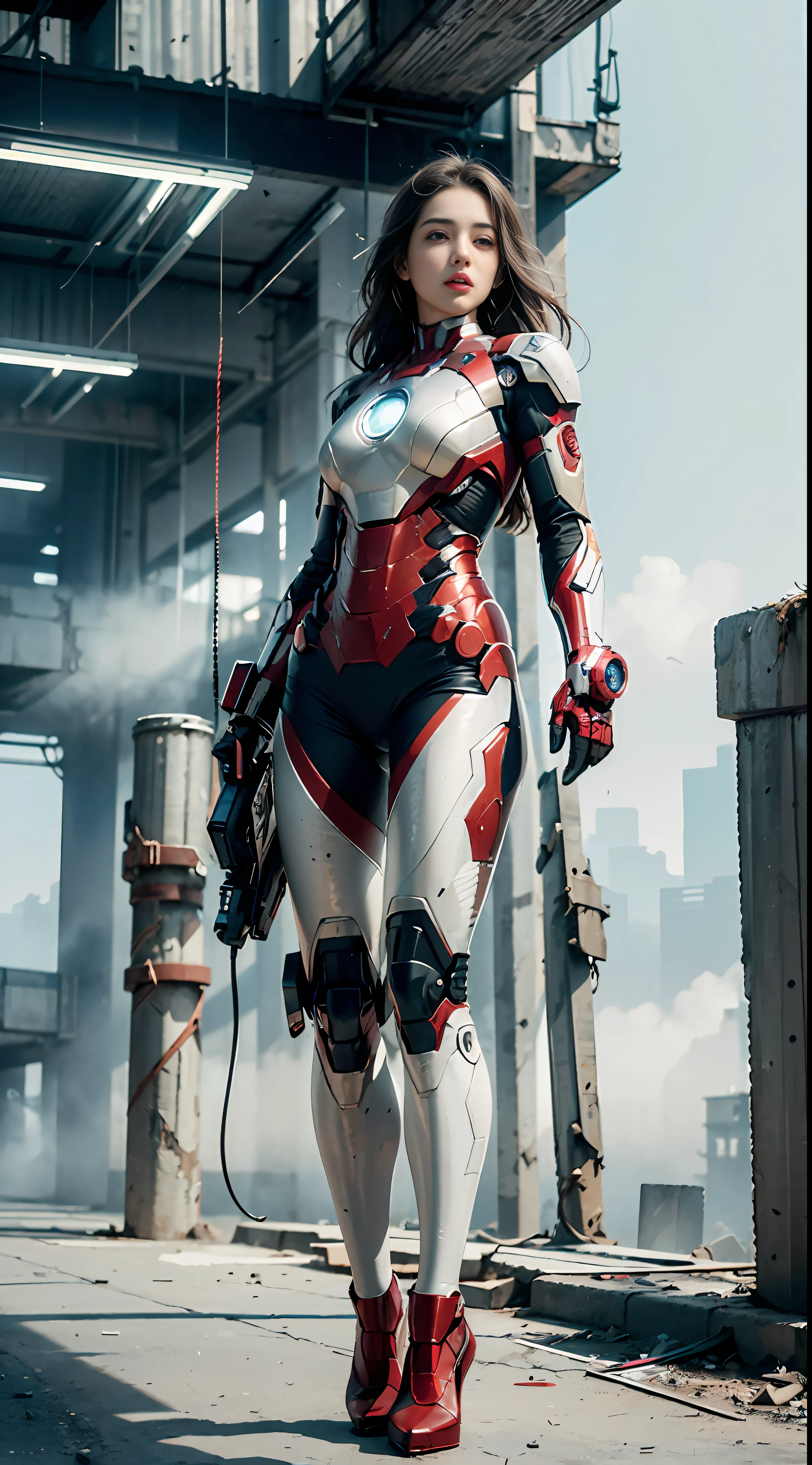 RAW, Masterpiece, Ultra Fine Photo,, Best Quality, Ultra High Resolution, Photorealistic, Sunlight, Full Body Portrait, Stunningly Beautiful,, Dynamic Poses, Delicate Face, Vibrant Eyes, (Side View) , she is wearing a futuristic Iron Man mech, gun metal black and magenta paint color scheme, highly detailed abandoned warehouse background, detailed face, detailed and complex busy background, messy, gorgeous, milky white, high detailed skin, realistic skin details, visible pores , sharp focus, volumetric fog, 8k uhd, dslr camera, high quality, film grain, fair skin, photorealism, lomography, sprawling metropolis in futuristic dystopia, view from below, translucent,
