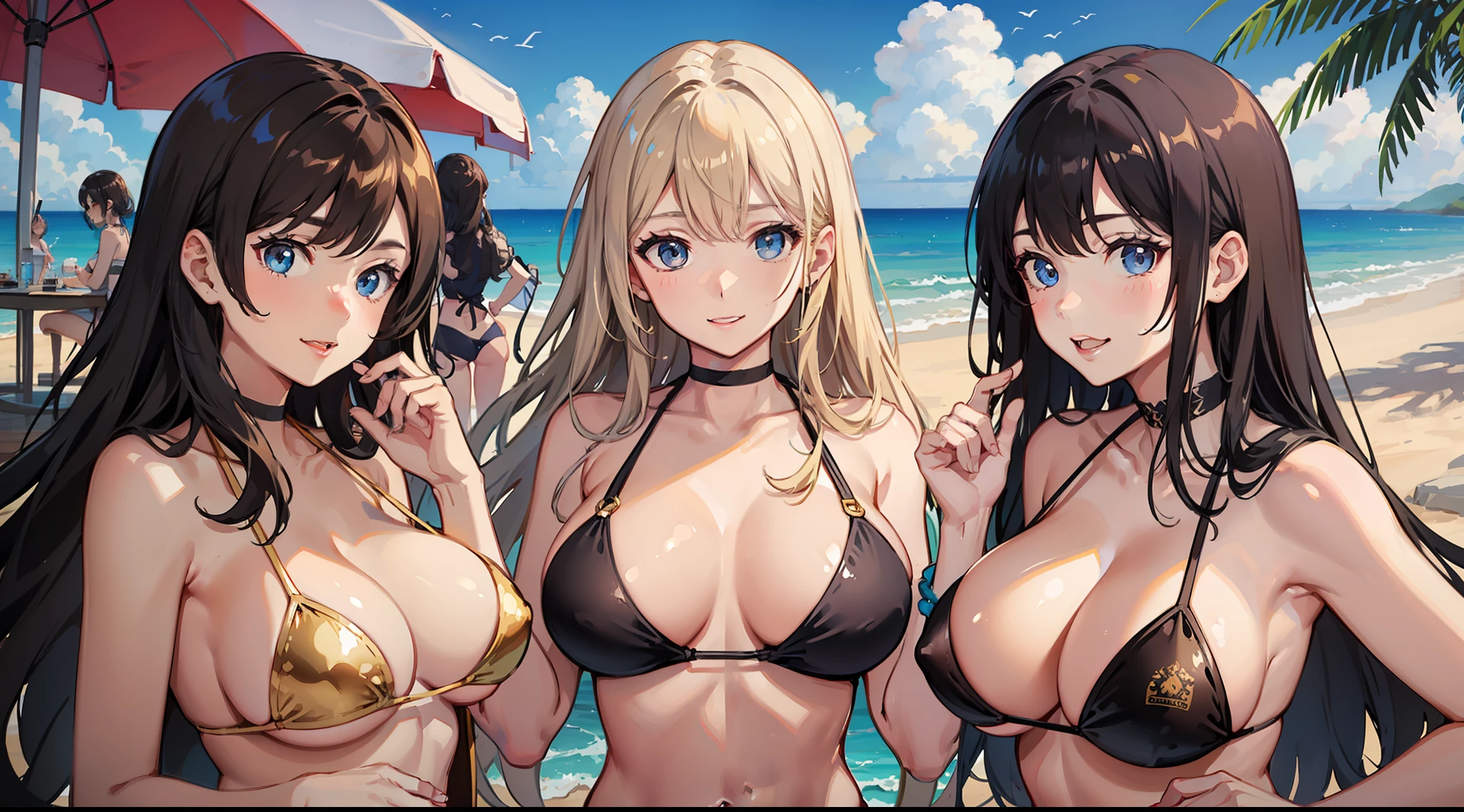 harem,three women,large breasts,tall of a person,tan line,gravure,sexy pose,swimwear,bikini,micro bikini,medium hair,semi-long hair,long hair,straight hair,wave hair,black hair,brown hair,blonde hair,brown eyes,gold eyes,blue eyes,seductive smile,cute,naughty expression,flushed cheeks,outdoor,sky,daytime,beach,illustration style,illustration