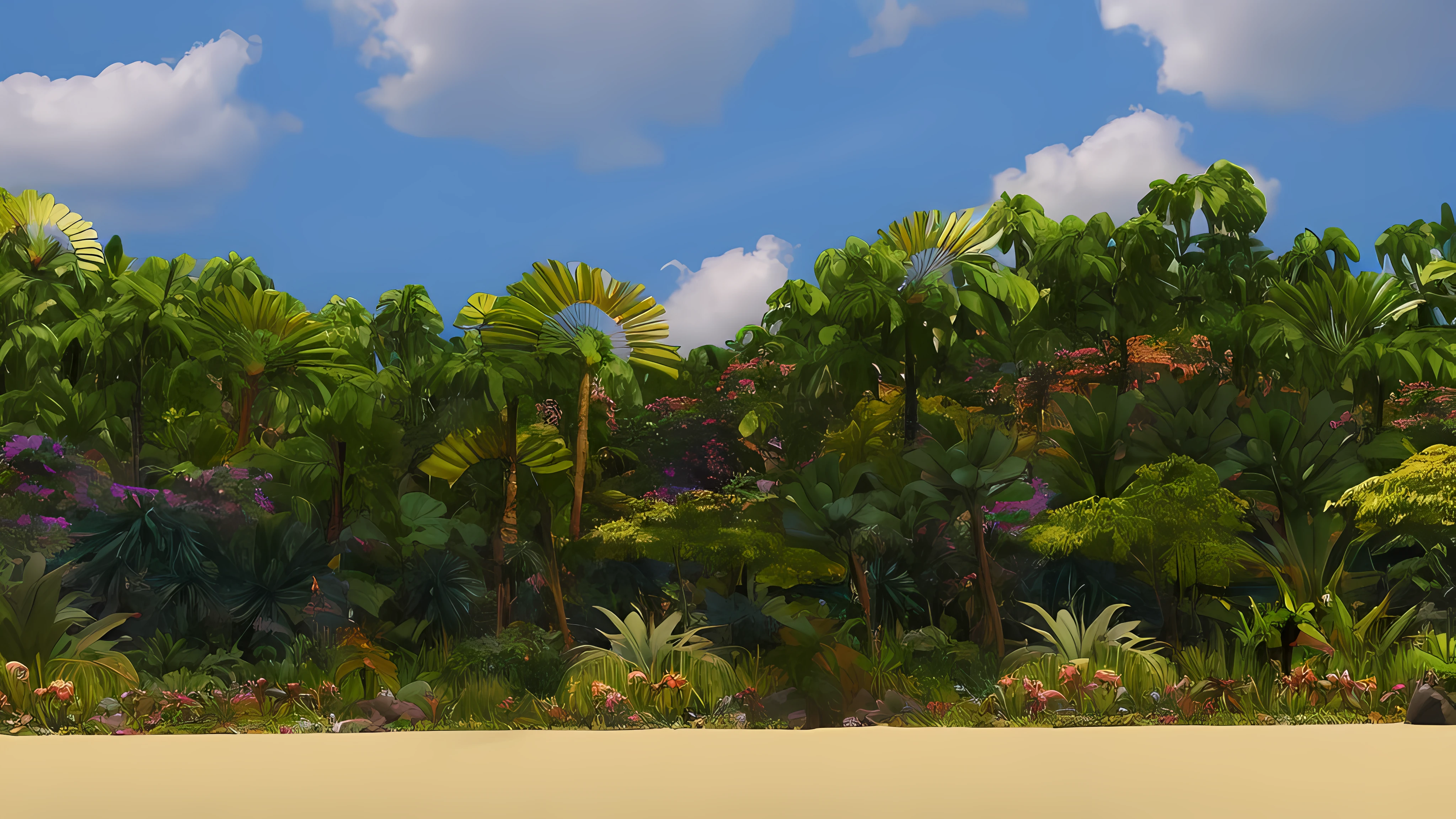 there is a picture of a tropical garden with a beach, the jungle at the background, the background is lush jungle, background lush vegetation, background jungle, jungle background, jungle as the background, lot of exotic vegetation, lush exotic vegetation, jungle environment, overgrown jungle environment, tropical landscape, art nouveau jungle environment, jungle landscape, in a highly detailed jungle, jungle setting