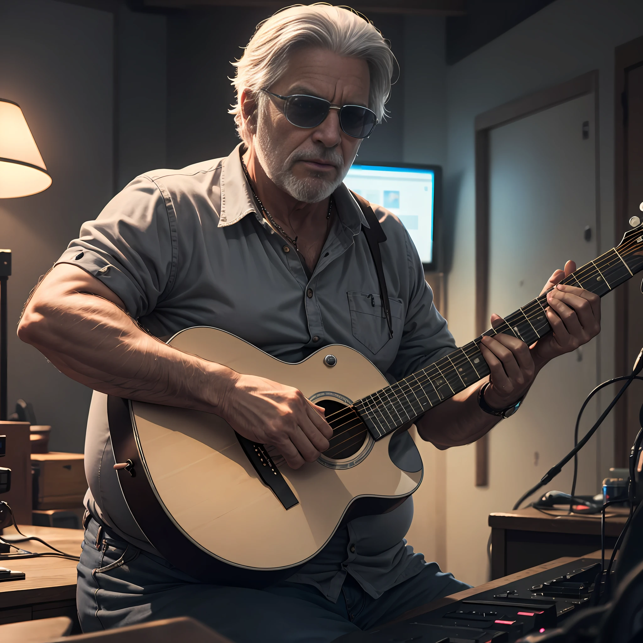 Best Quality, 4K, 8K, 60s, Men, Gray Hair, Sunglasses, Fat, Playing Guitar, Working on PC, Rumbling in the Middle of the Night --auto