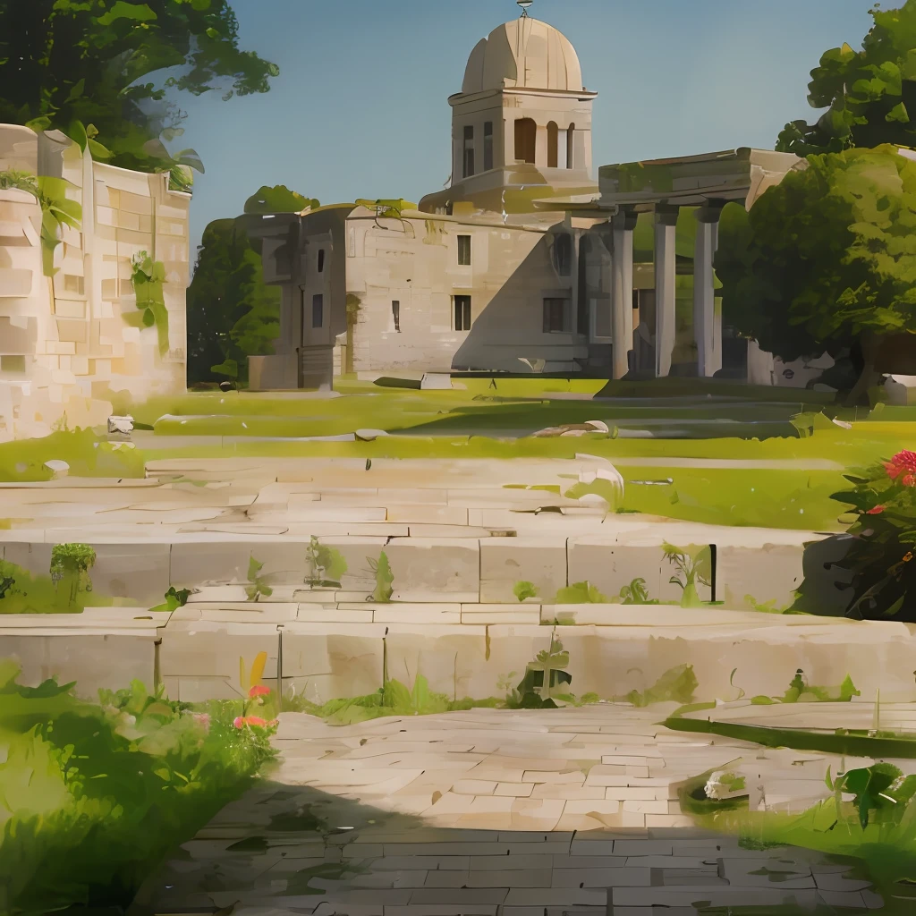 (Ultra High Resolution, Realistic, Best Quality, Realistic), (8K, Original Photo, Best Quality, Masterplece), There is an architectural picture with bell tower in the background, temple ruins, background depicting temples, ancient temples, ancient city ruins, Roman festival background, ruined landscape, ancient Roman environment, ruined temples, ancient Roman style, ancient ruins background, ruins, city ruins background, mausoleum ruins, Roman city, ancient city landscape, ancient temple ruins