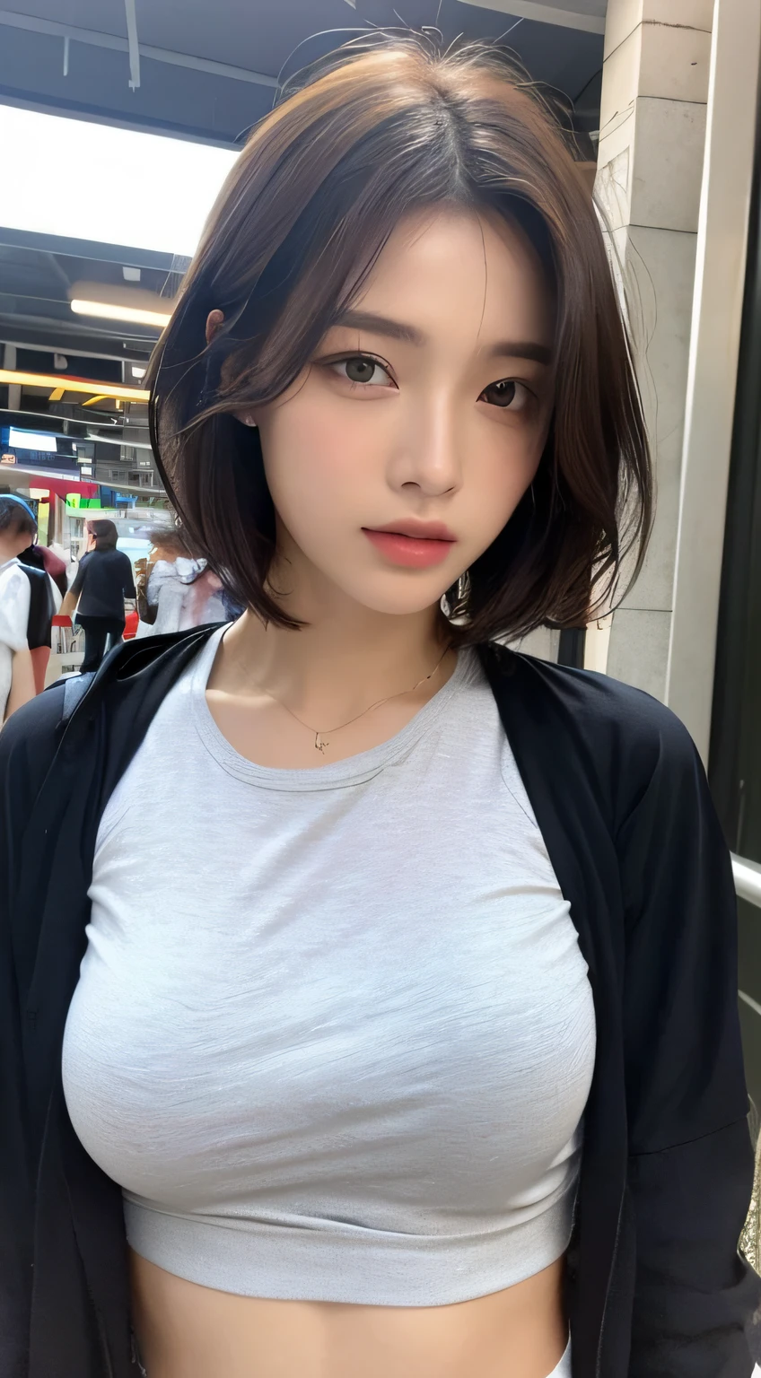 ((Best Quality, 8k, Masterpiece: 1.3)), Focus: 1.2, Perfect Body Beauty: 1.4, Slim Abs: 1.2, ((Layered Haircut, Big Breasts: 1.2)), (Wet Clothes: 1.1) , (Rain, Street:1.3), Wet Body: 1.1, Highly detailed face and skin texture, Detailed eyes, Double eyelids, Double clothes, Short clothes