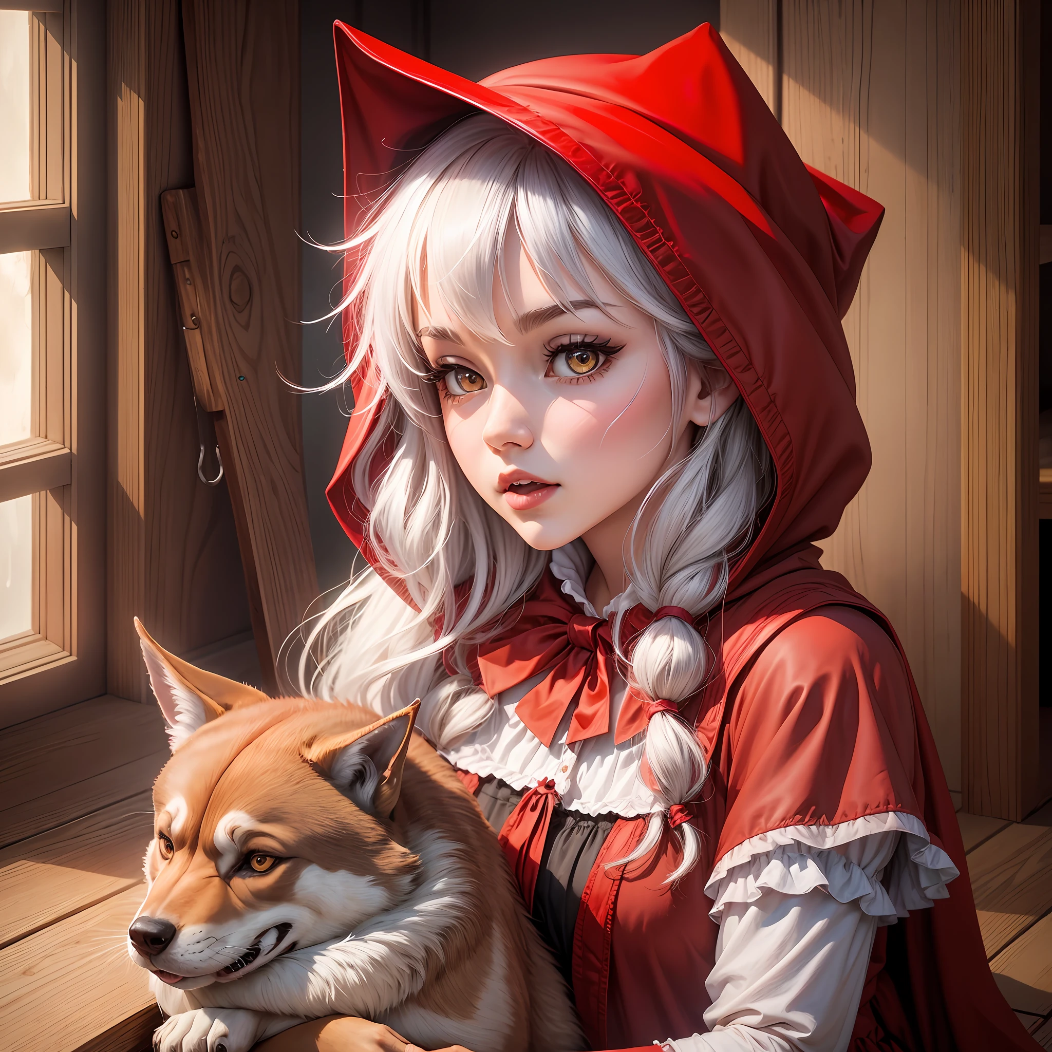 4K quality, masterpiece) girls. She is Little Red Riding Hood. The background has a super high resolution wolf. The face and hair are also super high resolution. --auto