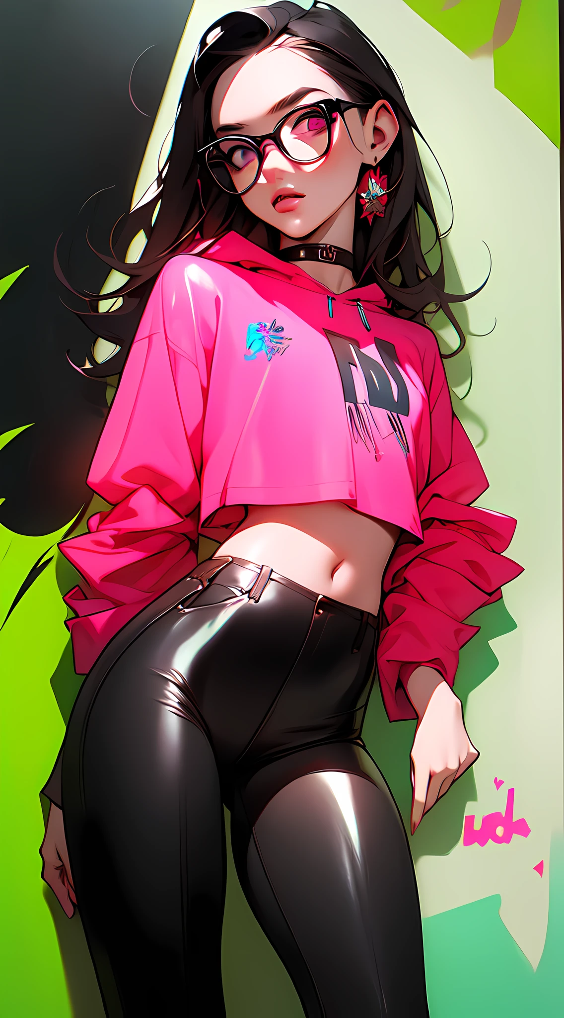 (masterpiece, best quality:1.4), official art, absurdres, vivid colors, contrast, girl, teen, beautiful eyes, tight crop top, tight pants, choker, (splash ink, graffiti on wall:1.2), navel, slender, standing, from below, cowboy shot, small waist, thick thighs, (arch back, perky butt:0.6), small head, HDR, sharp focus, dynamic lighting, cinematic lighting, dramatic shadow, highres, ultra detailed, finely detail, extremely detailed, detailed eyes and face, sharp pupils, realistic pupils, simple background