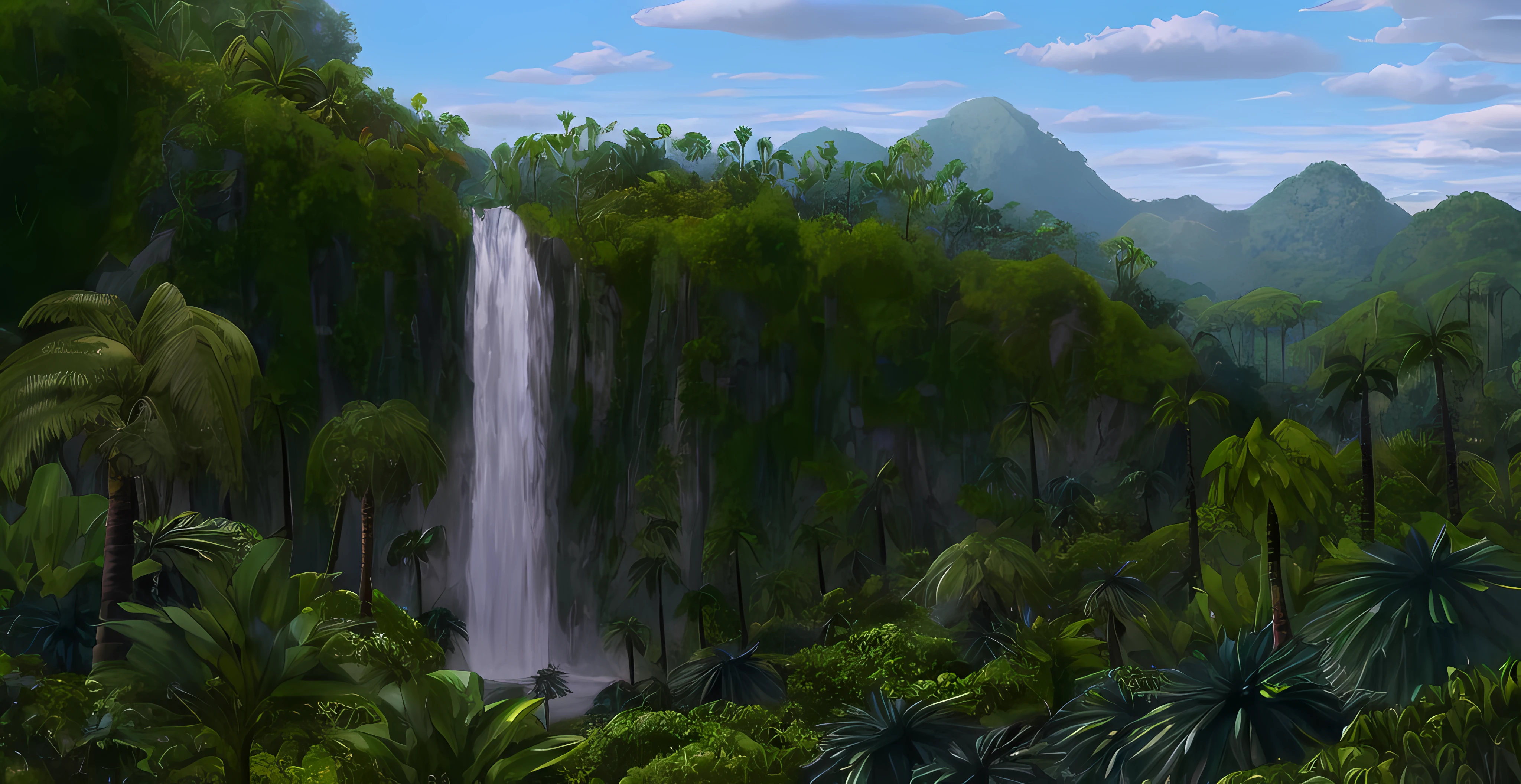 there is a waterfall in the middle of a tropical jungle, the background is lush jungle, background jungle, jungle landscape, rainforest background, mountainous jungle setting, jungle environment, . background: jungle river, the jungle at the background, jungle background, amazon rainforest background, art nouveau jungle environment, in the background is lush jungle, illustration matte painting, lush oasis