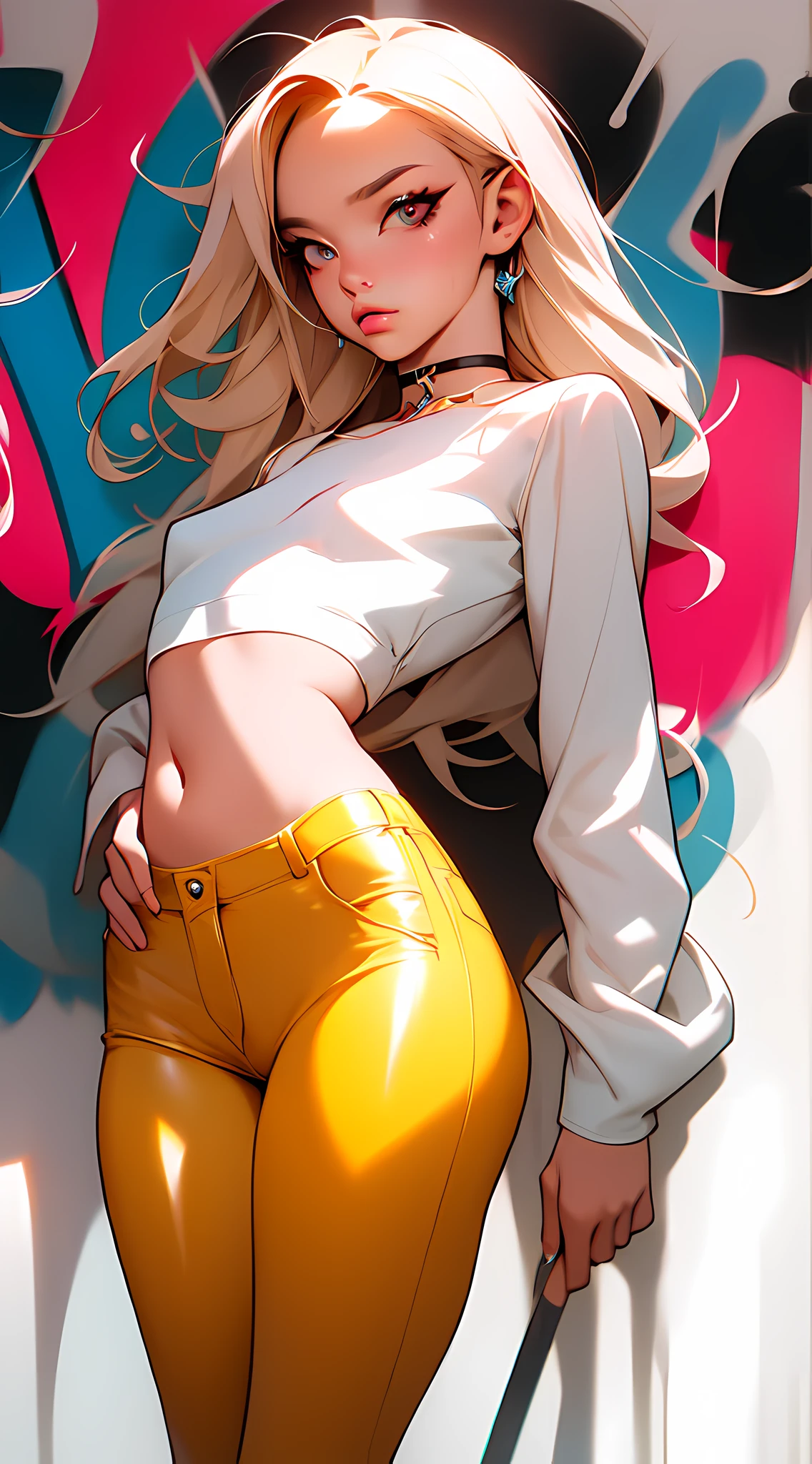 (masterpiece, best quality:1.4), official art, absurdres, vivid colors, contrast, girl, teen, beautiful eyes, tight crop top, tight pants, choker, (splash ink, graffiti on wall:1.2), navel, slender, standing, from below, cowboy shot, small waist, thick thighs, (arch back, perky butt:0.6), small head, HDR, sharp focus, dynamic lighting, cinematic lighting, dramatic shadow, highres, ultra detailed, finely detail, extremely detailed, detailed eyes and face, sharp pupils, realistic pupils, simple background