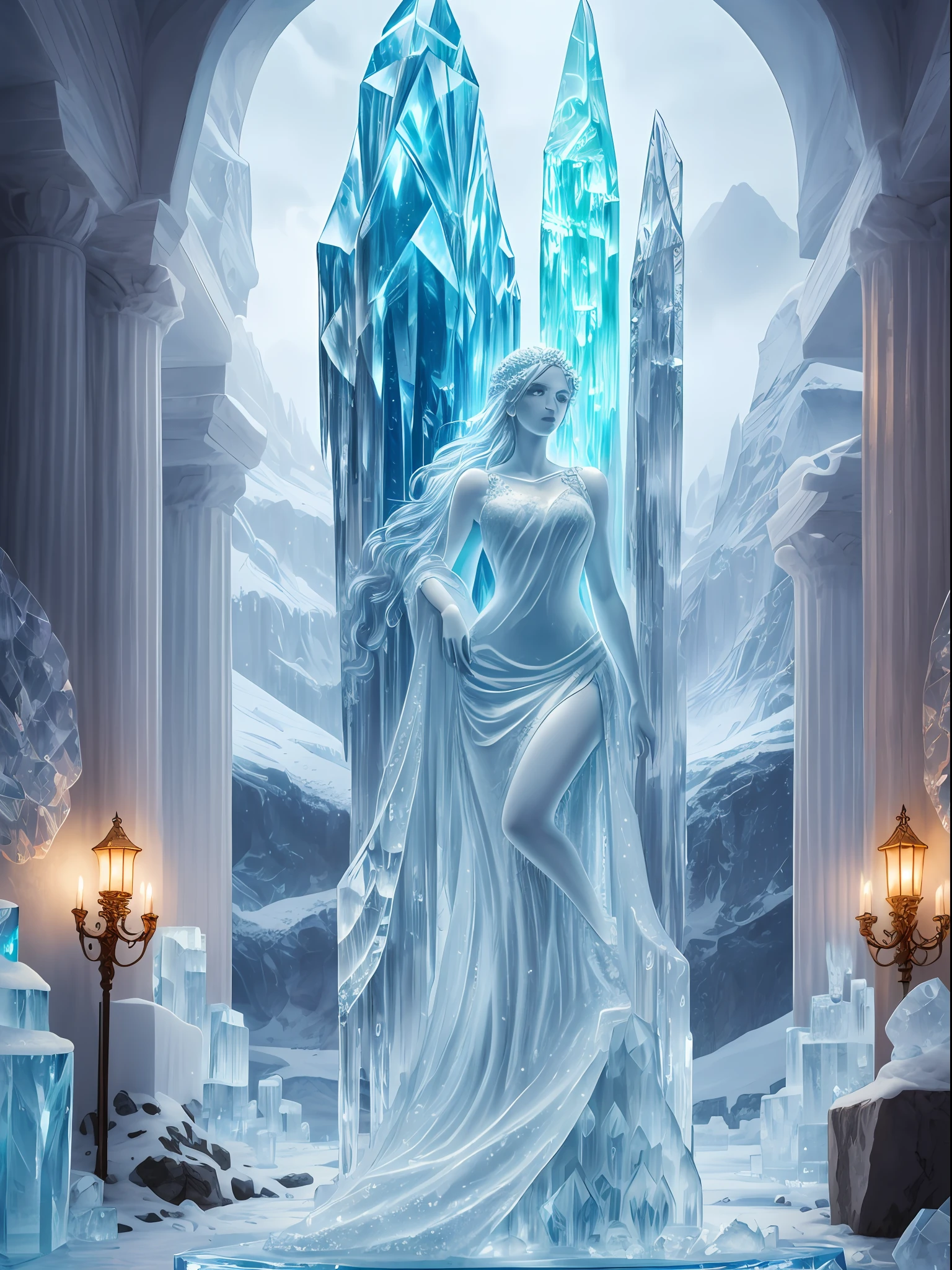 masterpiece, super high quality, super detail, perfect drawing, ice statue, crystal, transparent ice, venus, greek mythology, mysterious, emotional, ice museum, ice world, glitter, cool, beautiful, beautiful landscape, meticulously drawn, accurate drawing,