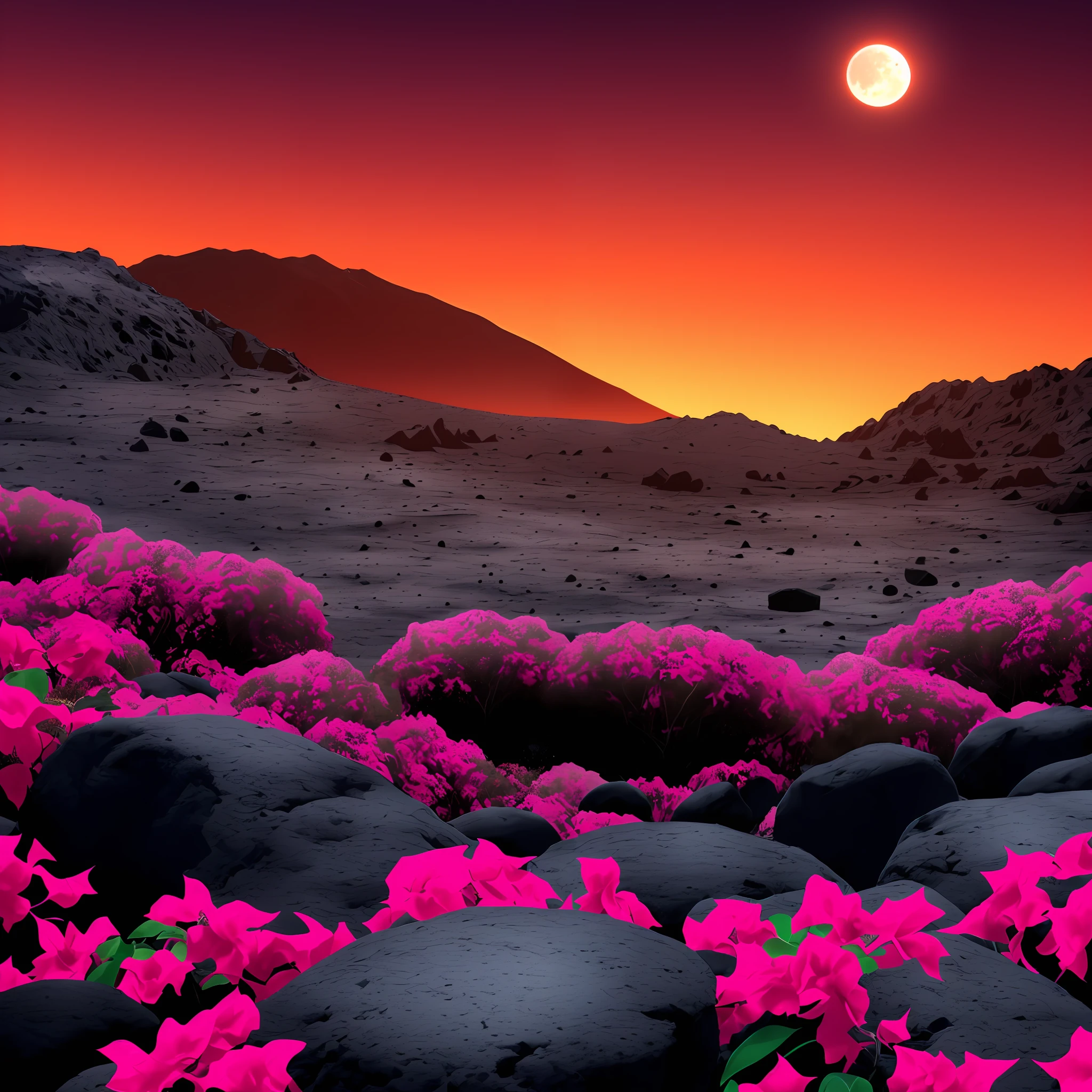 (High Reality, Best Quality: 1.2) Lunar Surface, Volcanic Rocks, Craters, Blue Smoke, Orange-Red Sky, Steampunk, Surreal, Realistic, (Black Background, Lunar Surface, Orange-Red Sky, Blue Smoke, Spooky Rocks), (Blue Bougainvillea Chaos in Background: 1.4) --auto