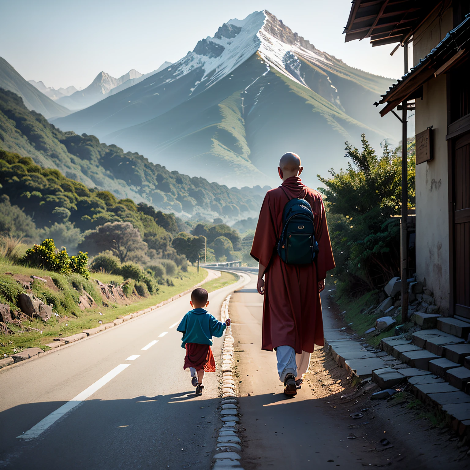 Open mountain path, old monk and little monk walking side by side on the road --auto