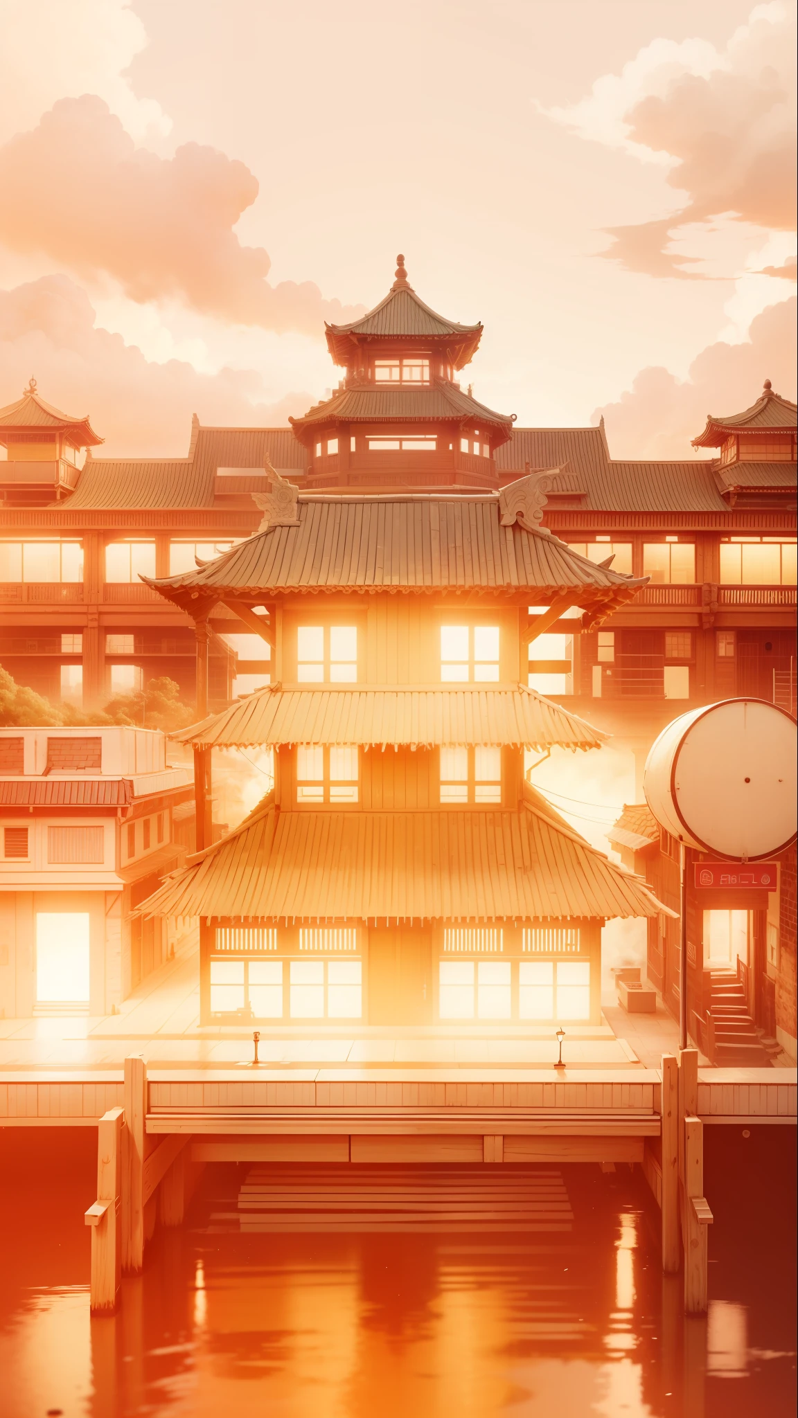 HD 8K light is strong and textured The picture is warm There are many ancient houses in the background There are orange clouds in the sky Partial face There is a platform directly in front of it, and the platform is very smooth