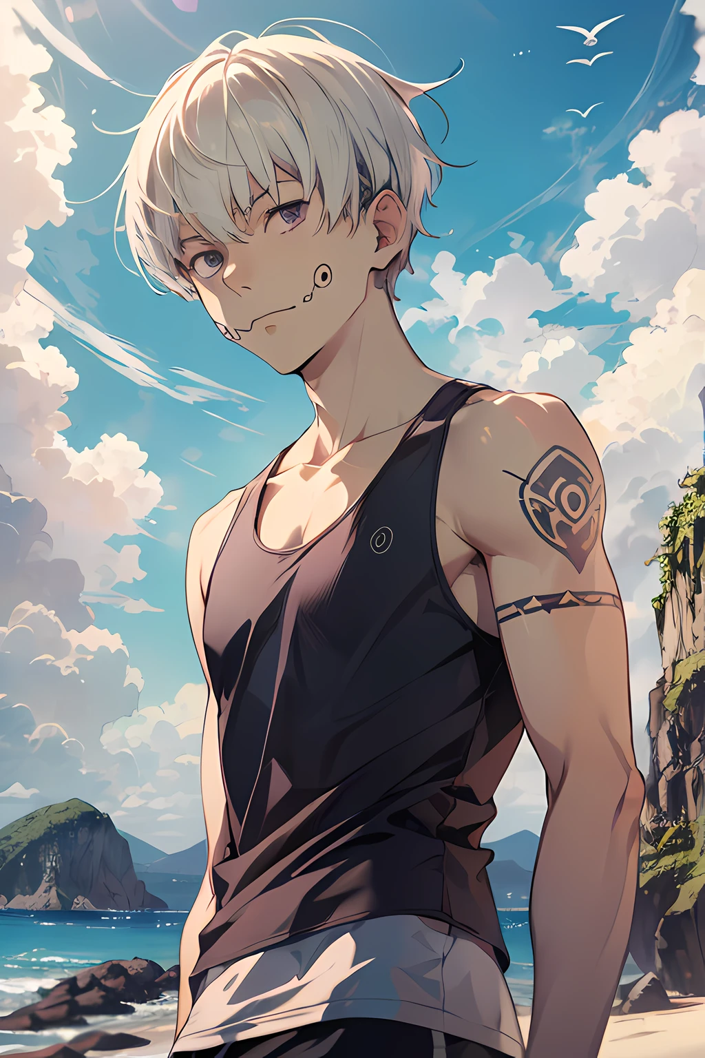 (absurdres, highres, ultra detailed, HDR), masterpiece, best quality, 1boy, solo, handsome, short hair, ((inumaki toge)), ((facial tattoo)), white hair, closed mouth, ((tank top)), swim trunks, beach, clear sky and horizon, sunny, windy, from below