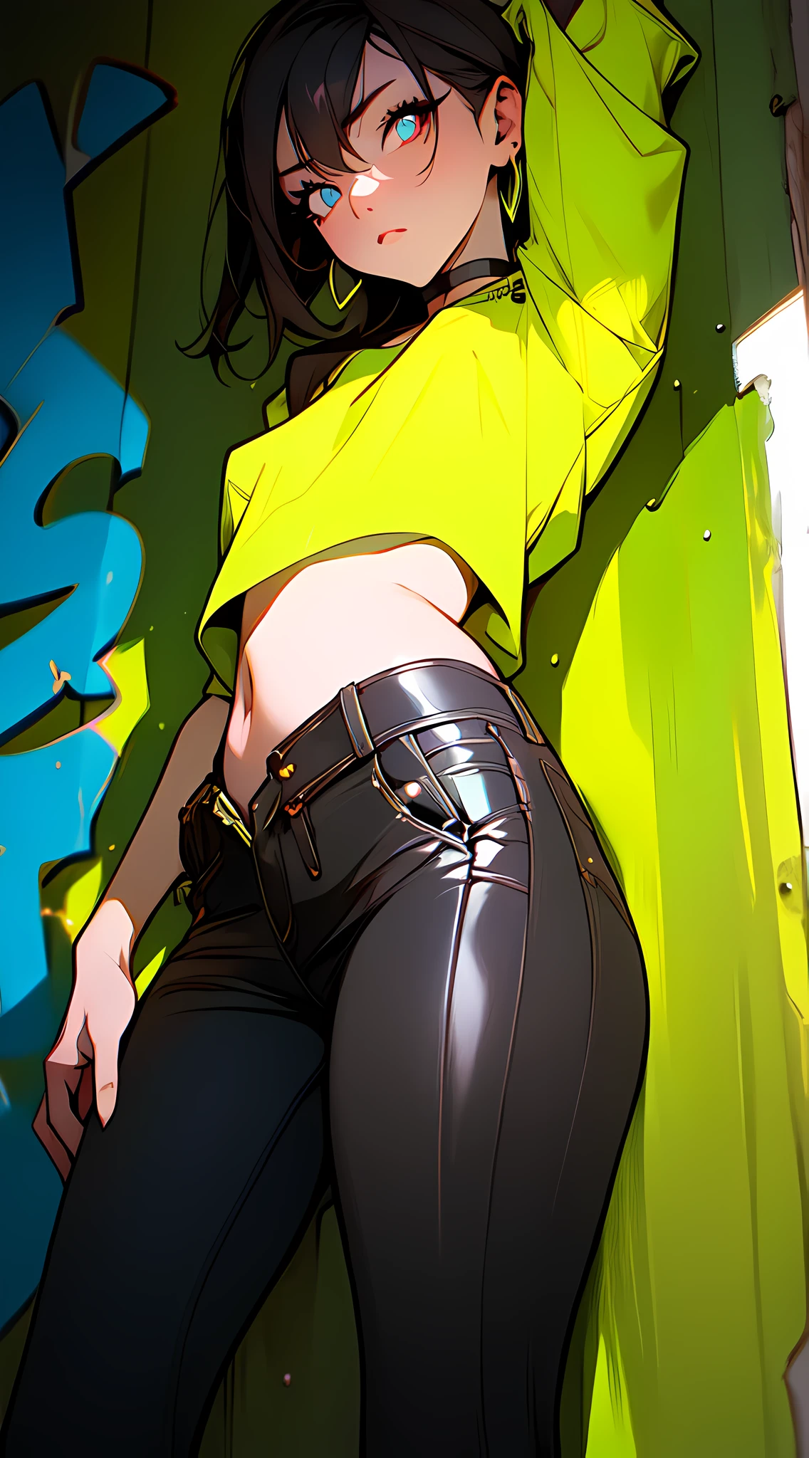 (masterpiece, best quality:1.4), official art, absurdres, vivid colors, contrast, girl, teen, beautiful eyes, tight crop top, tight pants, choker, (splash ink, graffiti on wall:1.2), navel, slender, standing, from below, cowboy shot, small waist, thick thighs, (arch back, perky butt:0.6), small head, HDR, sharp focus, dynamic lighting, cinematic lighting, dramatic shadow, highres, ultra detailed, finely detail, extremely detailed, detailed eyes and face, sharp pupils, realistic pupils, simple background