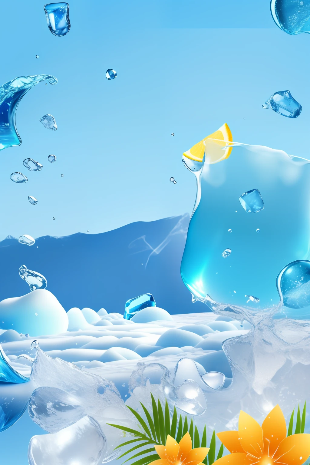 blue liquid and snow, blue ice,, icy blue theme, ice chips, splash, icy cold, made of ice, high quality wallpaper, sparkling ice particles, --auto