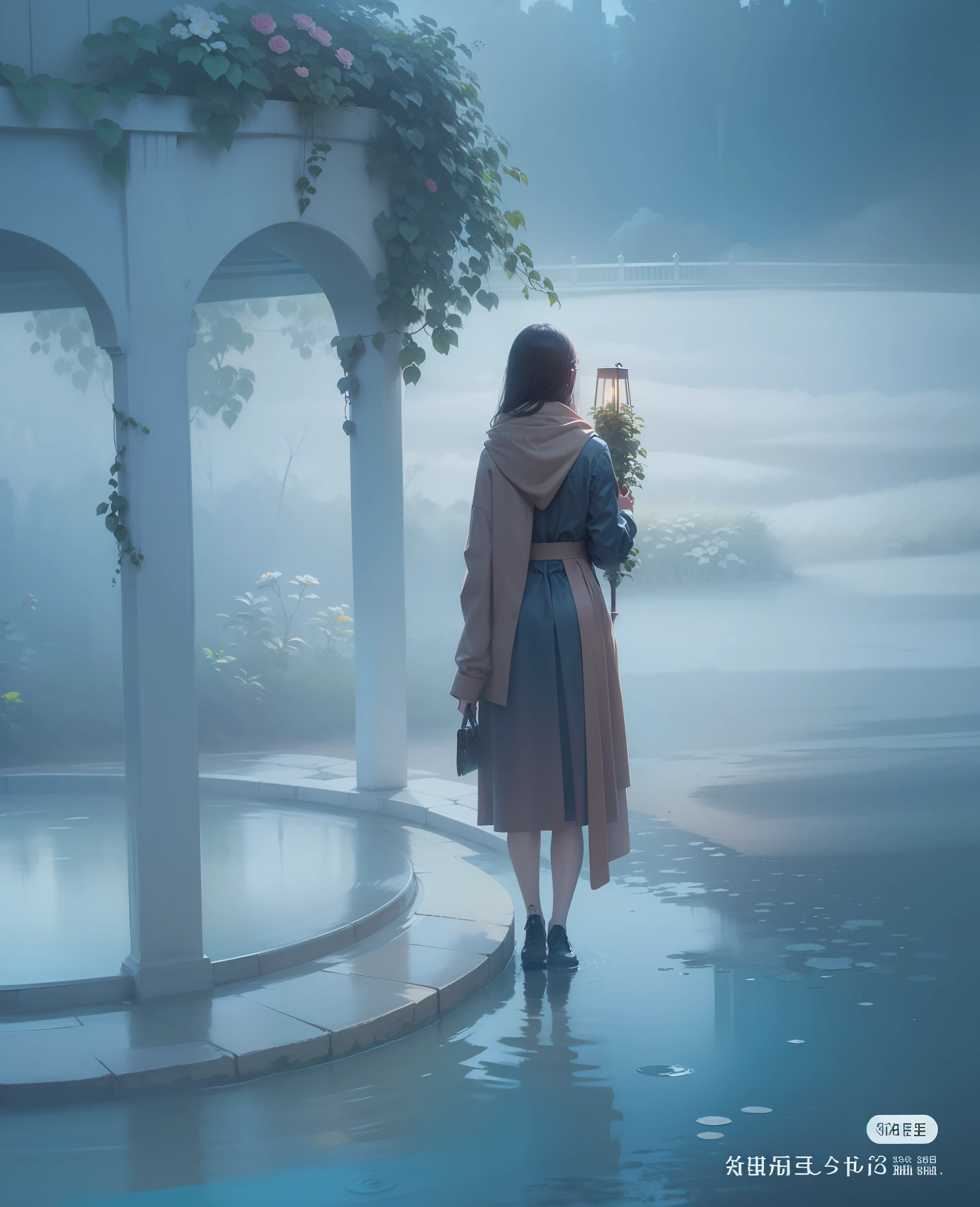 A woman stands in a garden looking into the distance