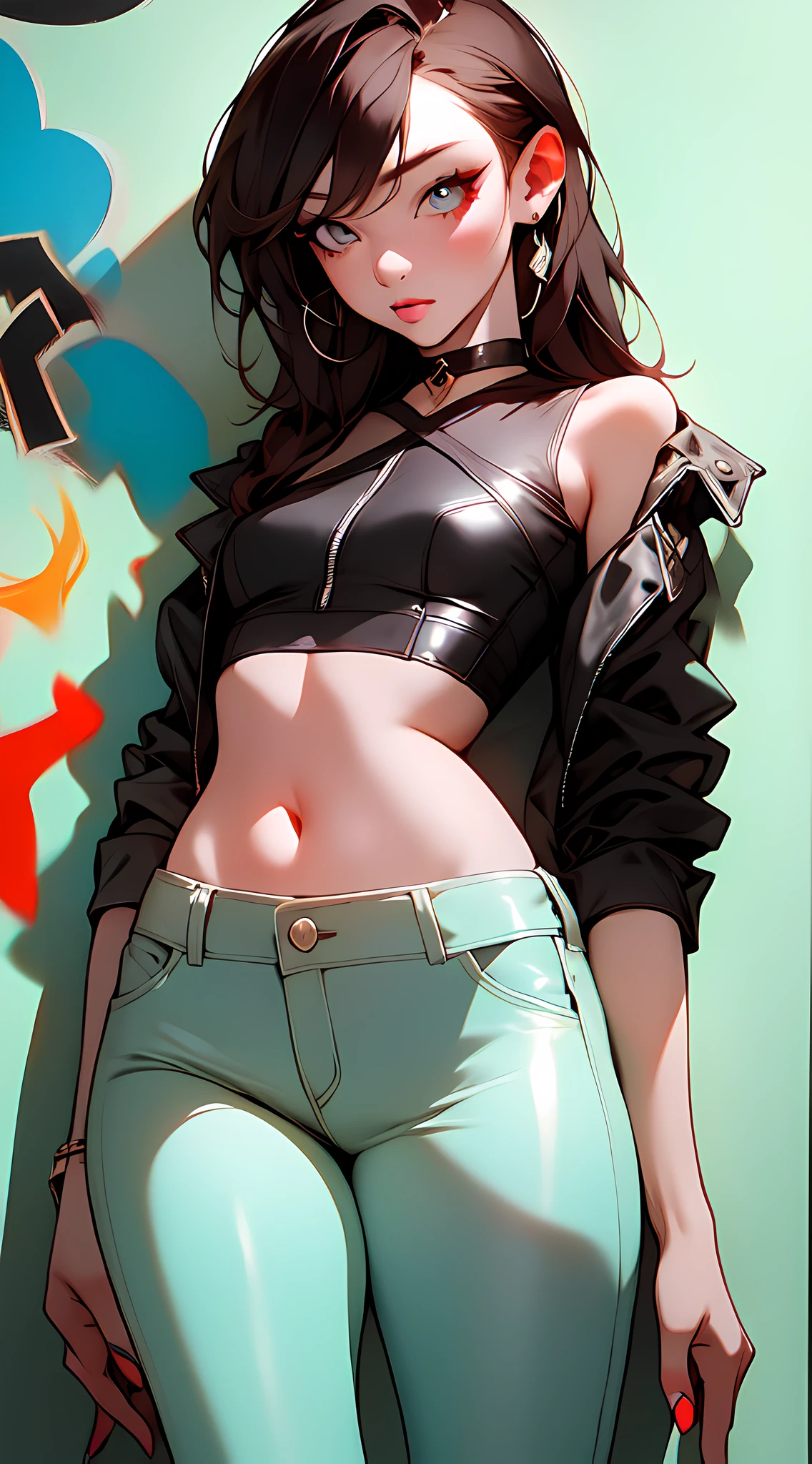 (masterpiece, best quality:1.4), official art, absurdres, vivid colors, contrast, girl, teen, beautiful eyes, tight crop top, tight pants, choker, (splash ink, graffiti on wall:1.2), navel, slender, standing, from below, cowboy shot, small waist, thick thighs, (arch back, perky butt:0.6), small head, HDR, sharp focus, dynamic lighting, cinematic lighting, dramatic shadow, highres, ultra detailed, finely detail, extremely detailed, detailed eyes and face, sharp pupils, realistic pupils, simple background