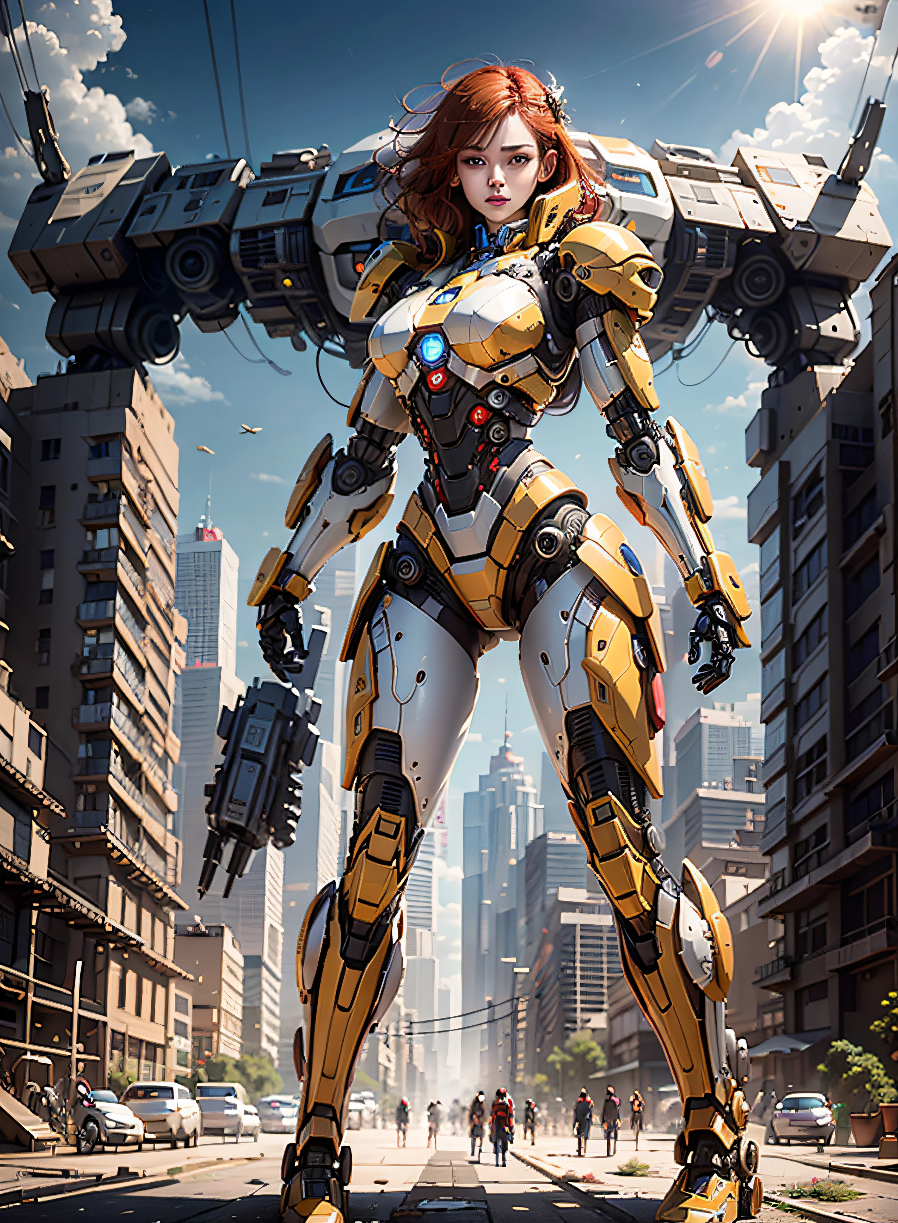 RAW, masterpiece, ultra thin photo, best quality, ultra high resolution, photorealistic 8K, sunlight, full body portrait, incredibly beautiful, dynamic poses, sexy, delicate face, vibrant eyes, (red hair), she is using a futuristic Iron Man engine, red and yellow gold color scheme, highly detailed robot factory background, detailed face, detailed and complex busy background,  messy, gorgeous, milky white, highly detailed skin, realistic skin details, visible pores, sharp focus, volumetric mist, 8k uhd, dslr camera, high quality, film grain, fair skin, photorealism, lomography, expanding metropolis in futuristic dystopia, view from below, translucent, cables connected to robots,