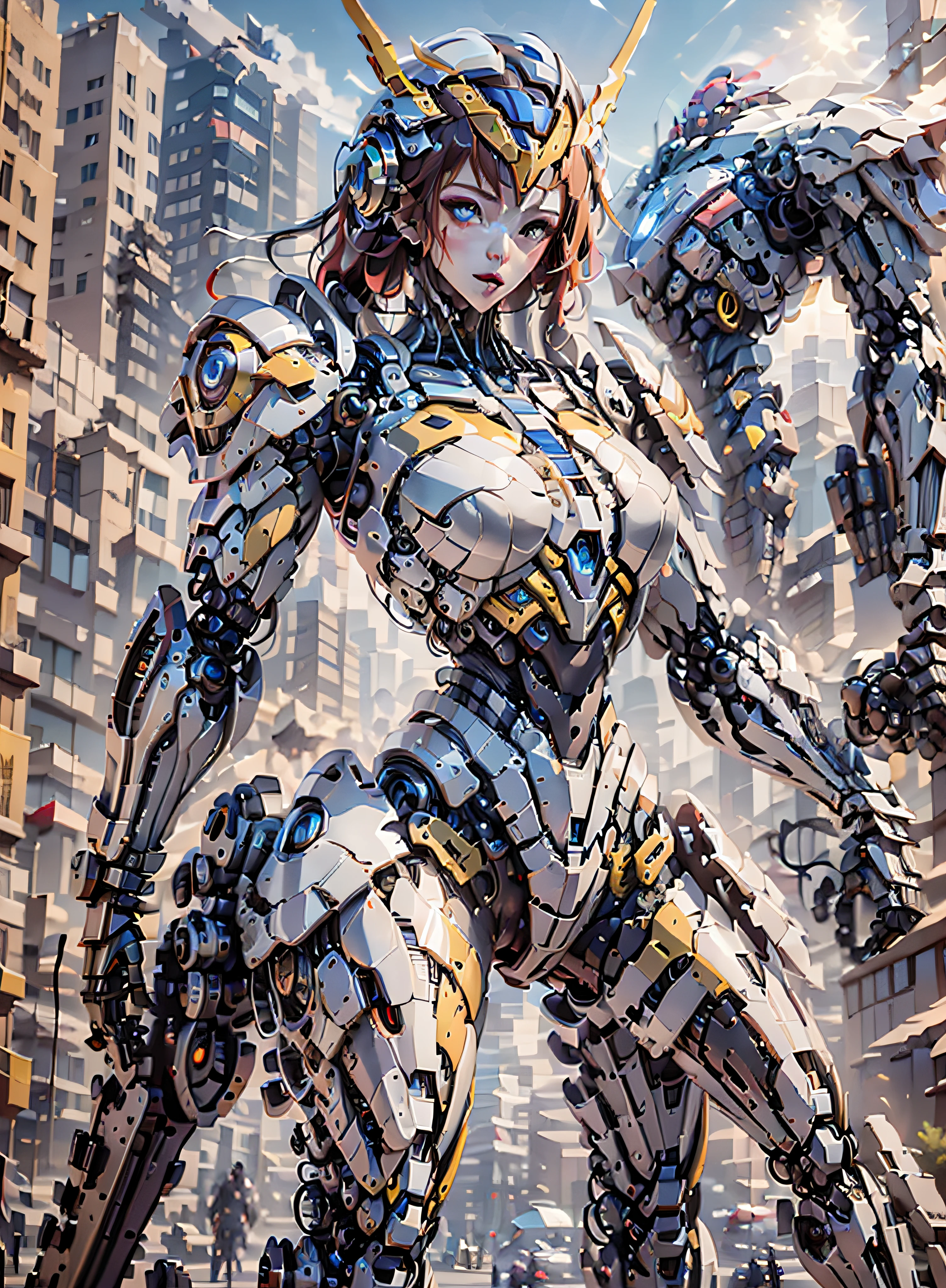 RAW, masterpiece, ultra thin photo, best quality, ultra high resolution, photorealistic 8K, sunlight, full body portrait, incredibly beautiful, dynamic poses, sexy, delicate face, vibrant eyes, (red hair), she is using a futuristic Iron Man engine, red and yellow gold color scheme, highly detailed robot factory background, detailed face, detailed and complex busy background, messy, gorgeous, milky white, highly detailed skin, realistic skin details, visible pores, sharp focus, volumetric mist, 8k uhd, dslr camera, high quality, film grain, fair skin, photorealism, lomography, expanding metropolis in futuristic dystopia, view from below, translucent, cables connected to robots,
