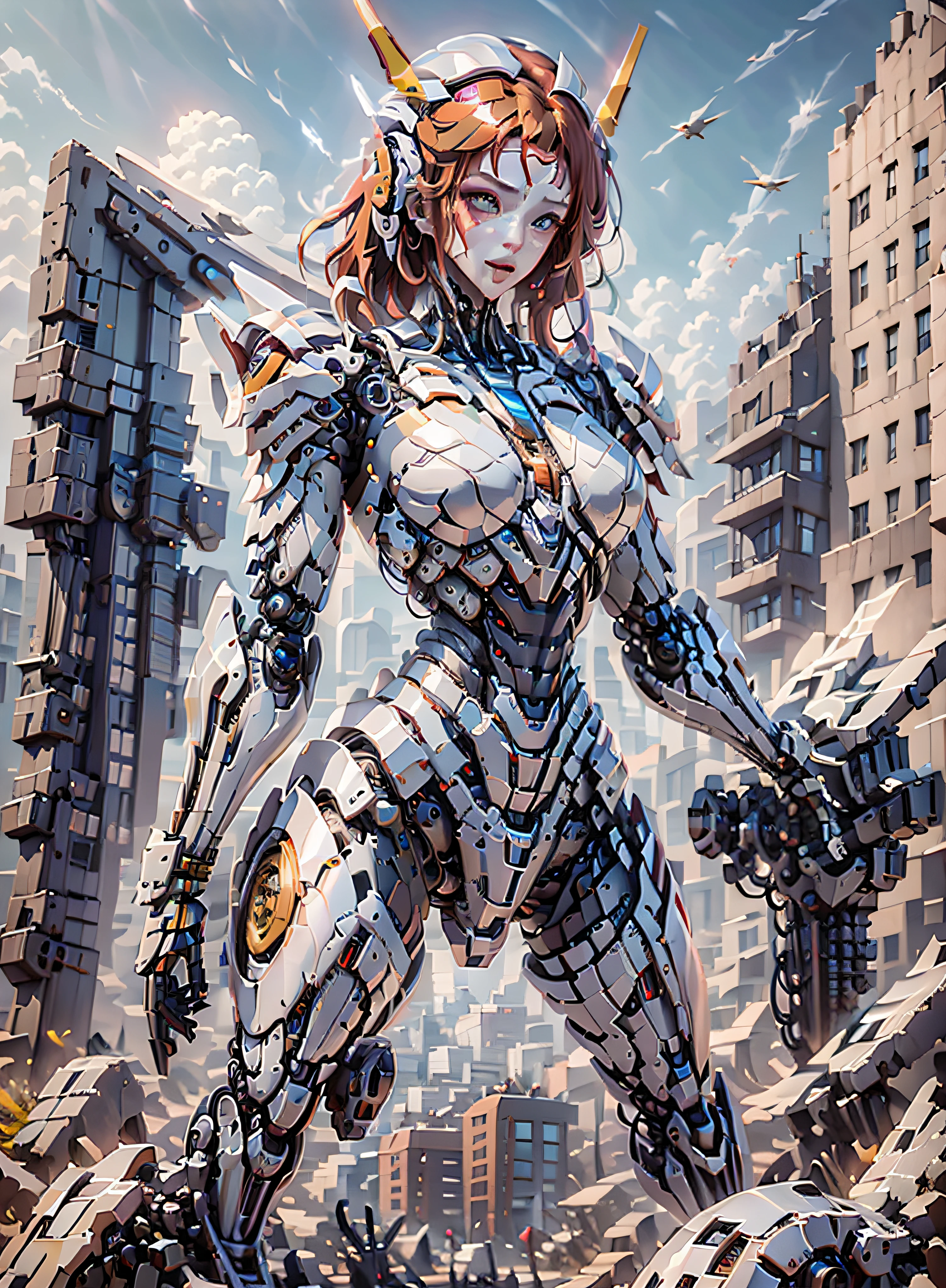 RAW, masterpiece, ultra thin photo, best quality, ultra high resolution, photorealistic 8K, sunlight, full body portrait, incredibly beautiful, dynamic poses, sexy, delicate face, vibrant eyes, (red hair), she is using a futuristic Iron Man engine, red and yellow gold color scheme, highly detailed robot factory background, detailed face, detailed and complex busy background,  messy, gorgeous, milky white, highly detailed skin, realistic skin details, visible pores, sharp focus, volumetric mist, 8k uhd, dslr camera, high quality, film grain, fair skin, photorealism, lomography, expanding metropolis in futuristic dystopia, view from below, translucent, cables connected to robots,