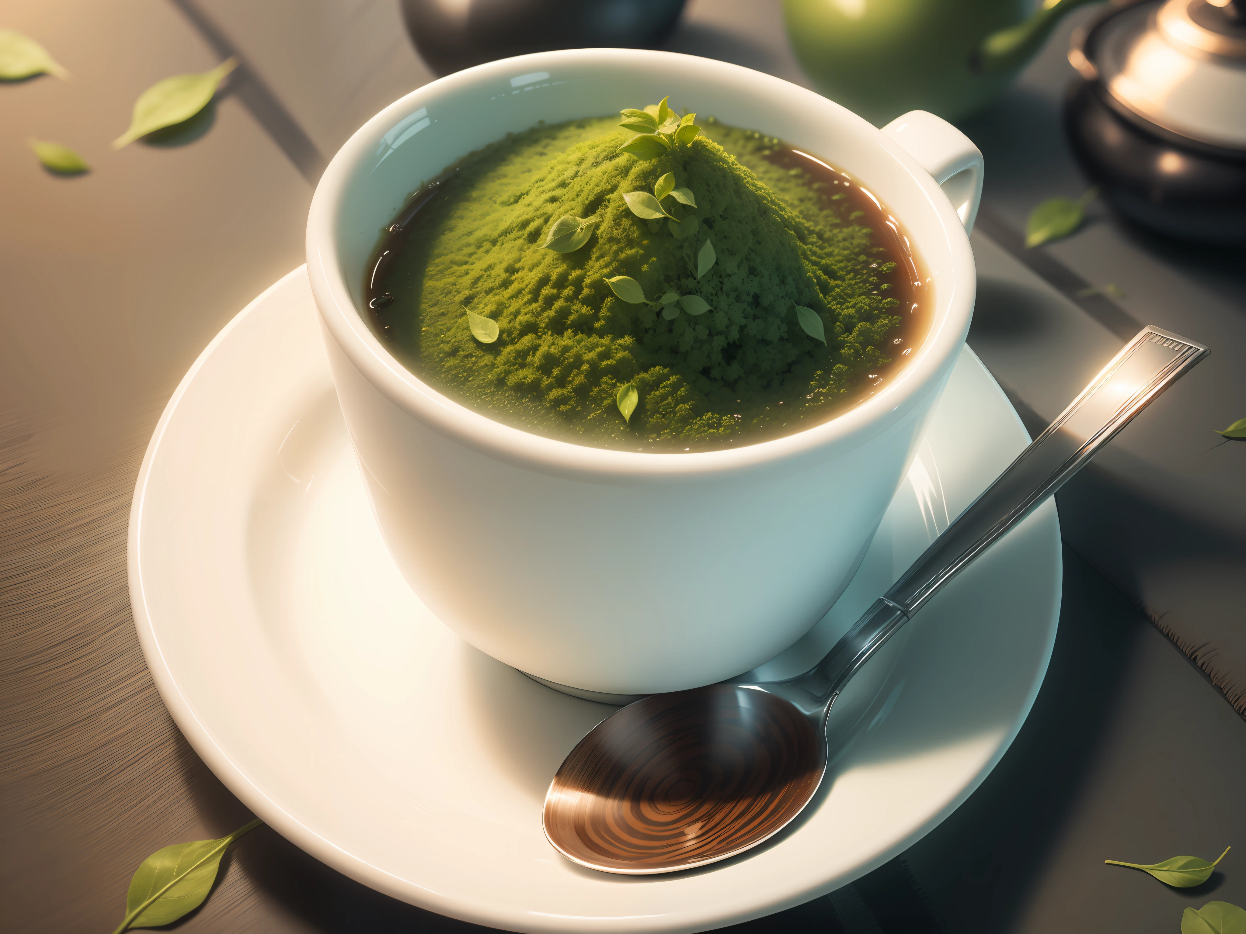 A cup of tea among lots of tea leaf, green theme, tea leaves in the air