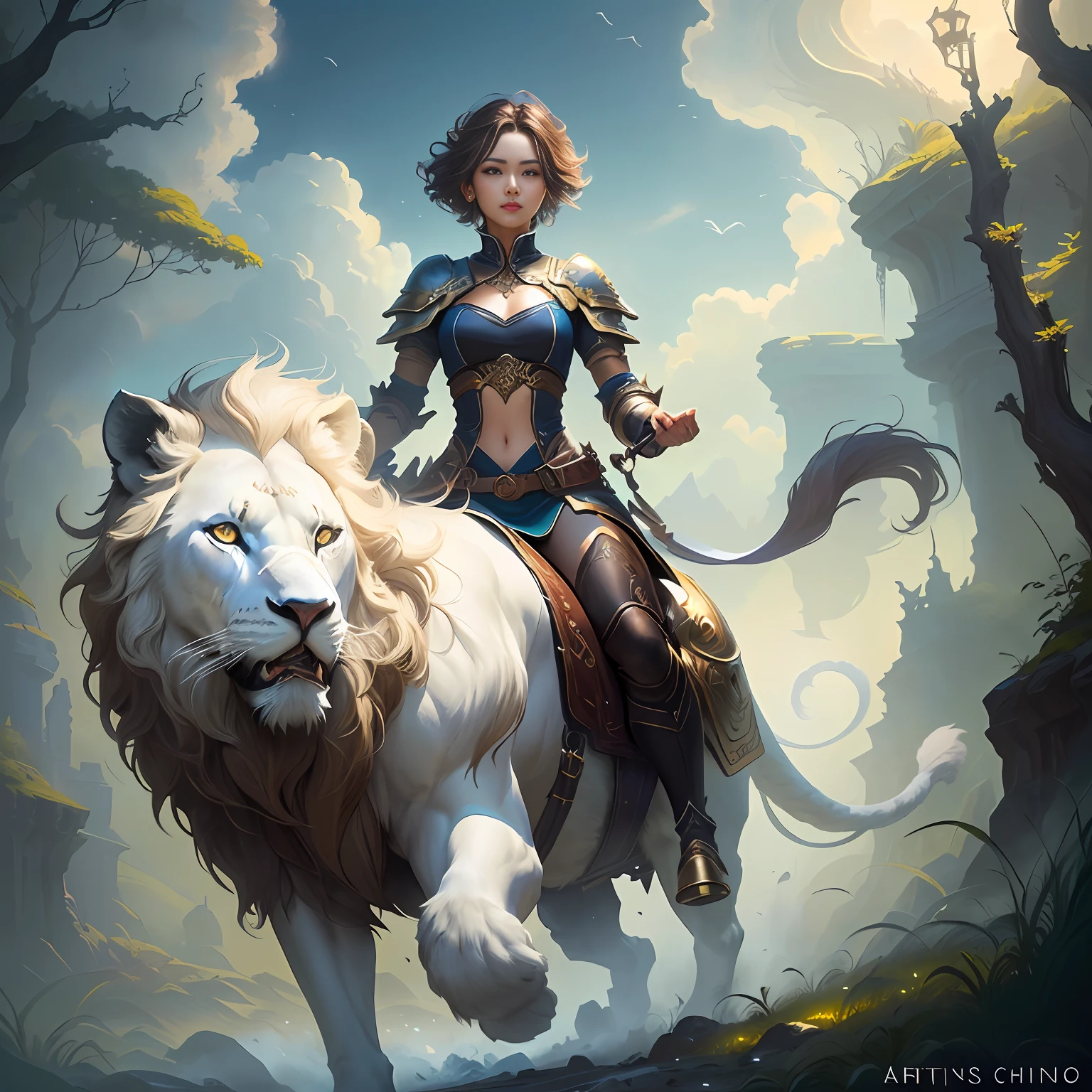 "A Brown Hair" riding a big white lion, mythological world background, CGSOCIETY, Fantasy Art Behans, Pan Chengwei on ArtStation, Fantasy Art Style, [CGSOCIETY Trends]!, Deviantart Artstation cgscosiety