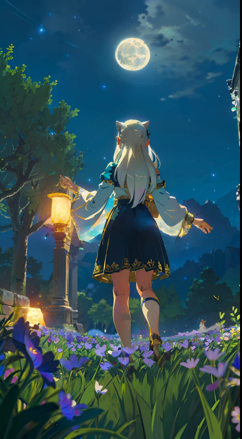 Extensive landscape photo , (above and below looking down), girl standing in flower field looking up, (full moon:1.2), ( shooting stars:0.9), (nebula:1.3), starry sky, white flower field, flower field shining, fantastic flower field, tree , (warm light source:1.2), (firefly:1. 2), lamp, orange and blue mostly fine details, voluminous lighting BREAK (Masterpiece:1.2), (top quality), 4k, super detailed, (dynamic composition:1.4), very fine details, colorful details, ( iridescent:1.2), (glowing lighting, atmospheric lighting), dreamy, fantastic, (solo:1.2), sparkling, glow, petals dancing, white hair, beautiful hair, long hair, cat ears, back view, water effects, soap bubbles, posed, hands are hidden in sleeves, Large lacy sleeves