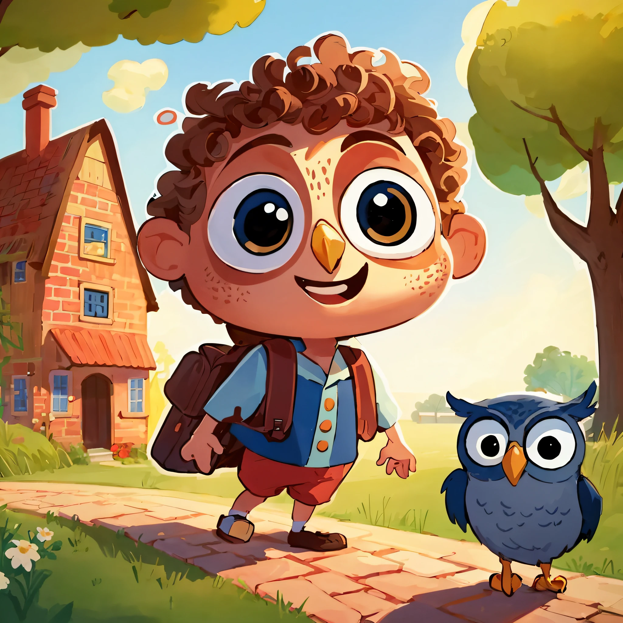 cartoon boy with backpack and happy owl walking on brick path in front of house, sky shades of gradient blue, children's book illustration, colorful children's book illustration, children's illustration, children's book illustration, children's book illustration, cartoon style illustration, mobile game art, children's art on artstation,  Lucas Artes Aventura, children's illustration, children's illustration, stylized digital illustration, children's illustration, children's book illustration, 4K
