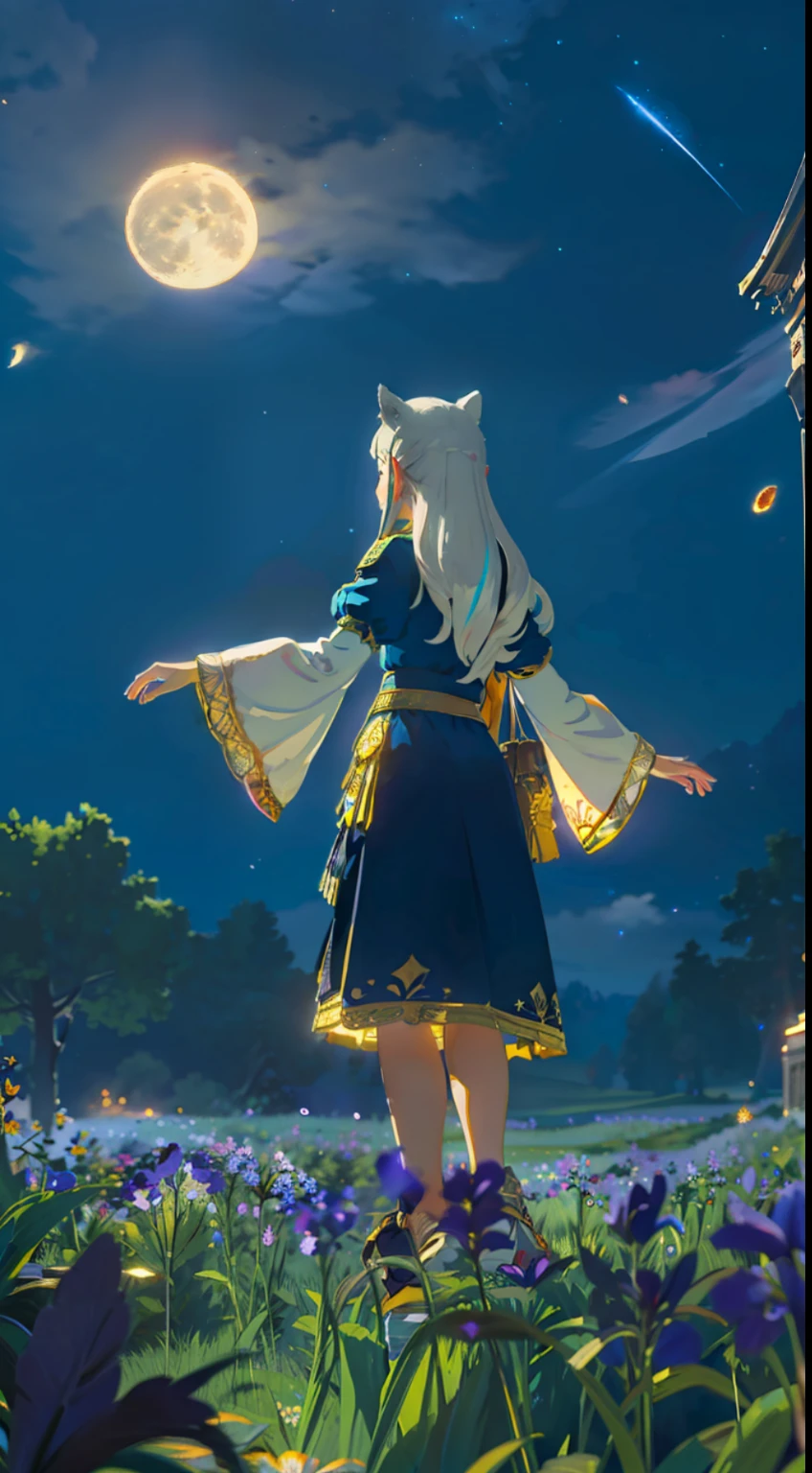 Extensive landscape photo , (above and below looking down), girl standing in flower field looking up, (full moon:1.2), ( shooting stars:0.9), (nebula:1.3), starry sky, white flower field, flower field shining, fantastic flower field, tree , (warm light source:1.2), (firefly:1. 2), lamp, orange and blue mostly fine details, voluminous lighting BREAK (Masterpiece:1.2), (top quality), 4k, super detailed, (dynamic composition:1.4), very fine details, colorful details, ( iridescent:1.2), (glowing lighting, atmospheric lighting), dreamy, fantastic, (solo:1.2), sparkling, glow, petals dancing, white hair, beautiful hair, long hair, cat ears, back view, water effects, soap bubbles, posed, hands are hidden in sleeves, Large lacy sleeves