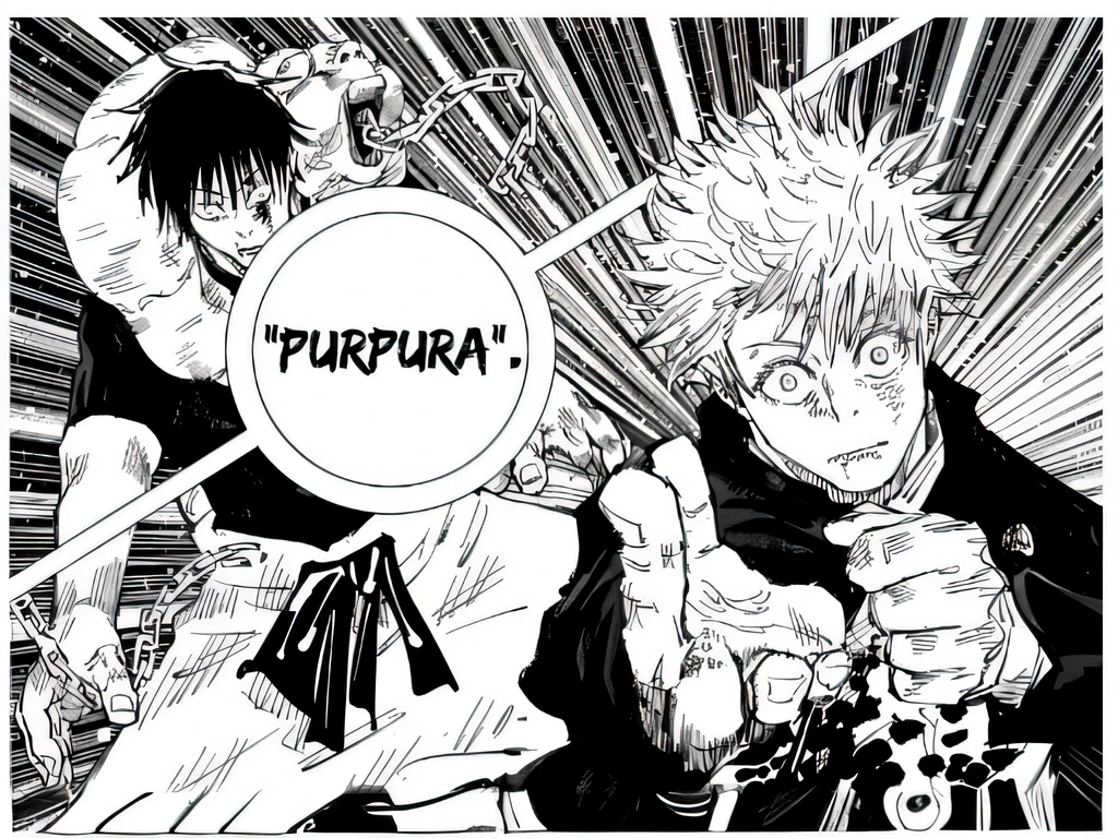 a black and white image of two anime characters with a sign that says purpura, jujutsu kaisen, black and white manga panel, joker looks like naruto, bleach manga style, black and white manga page, killua zoldyck, kentaro miura manga art style, one punch man manga, manga panels, boku no hero academia style