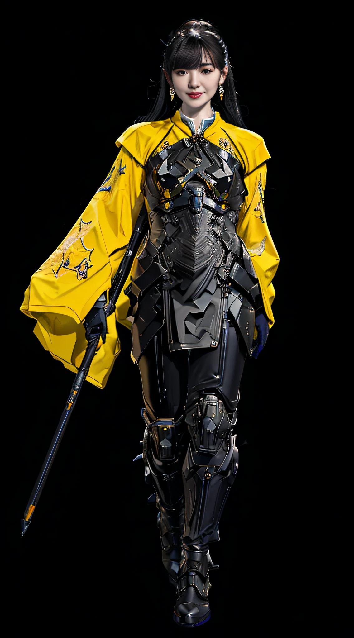 (Masterpiece, Top Quality, Best Quality), ((Cyberpunk Style, Robotic Arm, Hololo, Surreal Science Fiction Art, Future Science Fiction Aesthetics)), (1 Girl Solo), Close Up, (Resolute Eyes), (Ancient Chinese Clothes, White Robe, Embroidered Collar Uesugi, White Big Sleeve Shirt, Streamers), (Hairpin, Long Black Hair, Weapons), (Hanfu), (Clear Facial Features, Detailed Skin Texture, Beautiful Face), White Background, Earrings, Yellow Skin, Standing, (((flat color))),