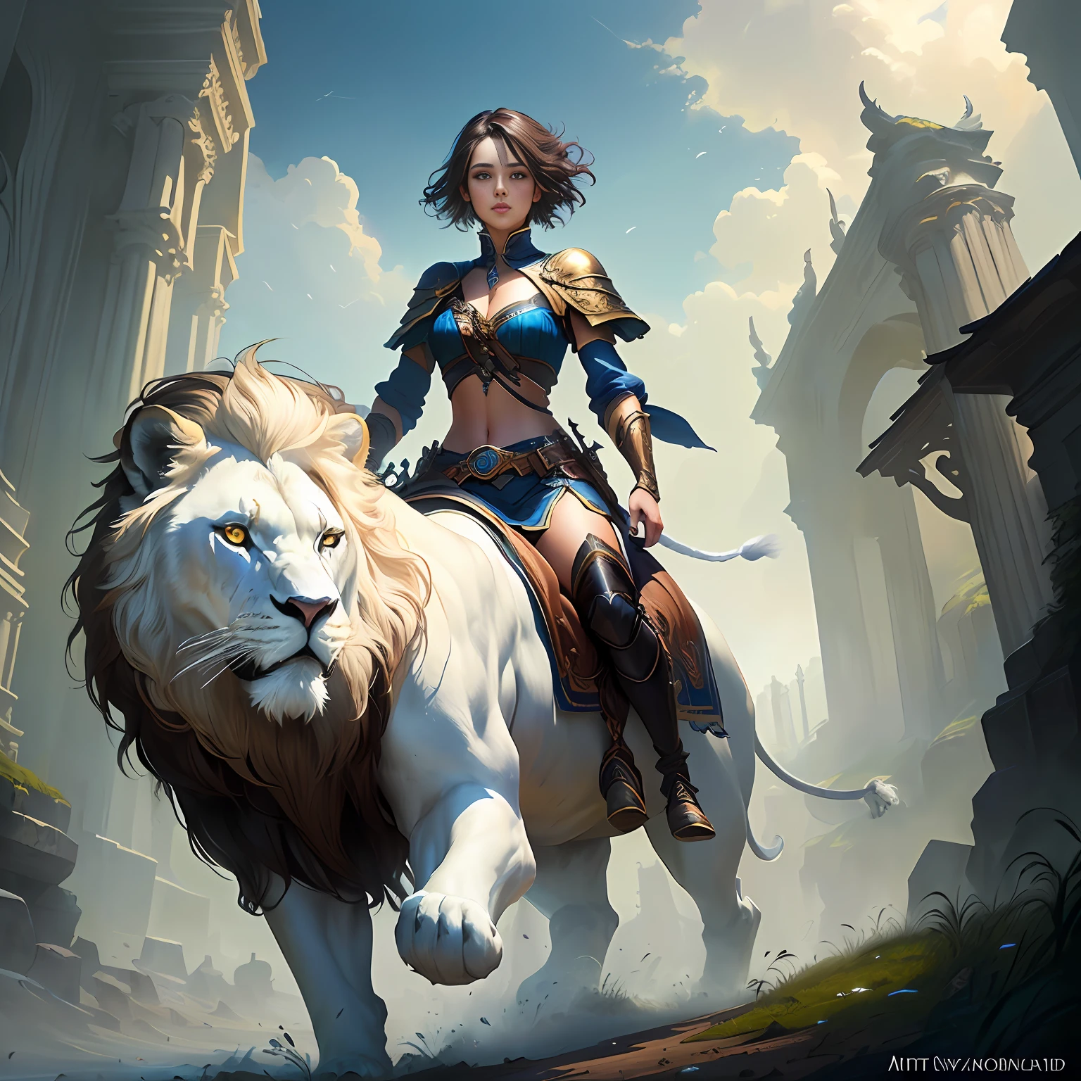 "A Brown Hair" riding a big white lion, mythological world background, CGSOCIETY, Fantasy Art Behans, Pan Chengwei on ArtStation, Fantasy Art Style, [CGSOCIETY Trends]!, Deviantart Artstation cgscosiety