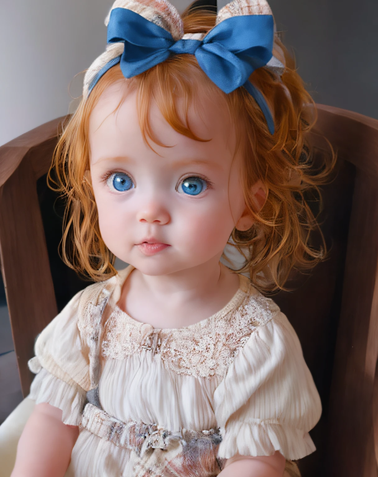 there is a baby sitting on a chair with a bow on her head, beautiful huge eyes, beautiful cute, huge adorable eyes, with cute doting eyes, cute young redhead girl, very cute and childlike, cute beautiful, young and cute, soft portrait shot 8 k, has two adorable blue eyes, cute large eyes, blue eyes and blond hair, rosey cheeks