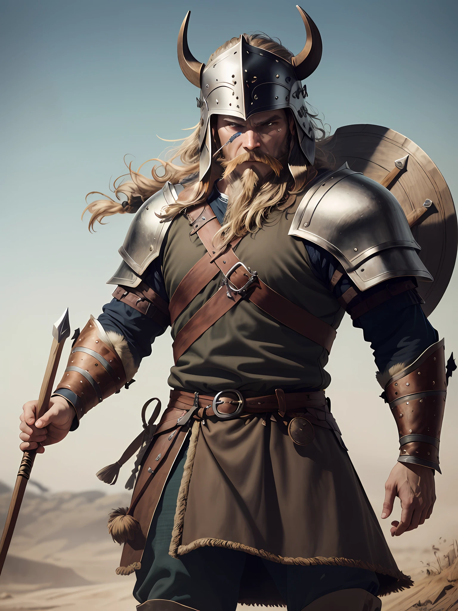 1 Warrior man ((medieval)) ((Viking))on the battlefield, wearing Viking armor, (( Detailed helmet)))the detailed face,(one spear in the hand )drop shadow, halftone, vanishing point, diffraction peaks, f/1.8, Nikon, high detail, UHD, masterpiece, best quality, highres, 16k