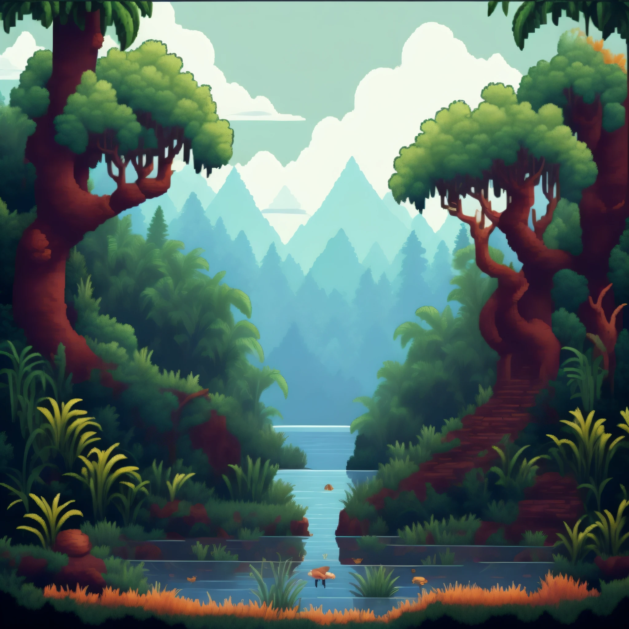 pixelart photorealistic stylized A lush and vibrant rainforest filled with exotic flora and fauna. Our protagonist is a scientist trying to study the unique ecosystem, but when they are separated from their team, they must survive on their own.