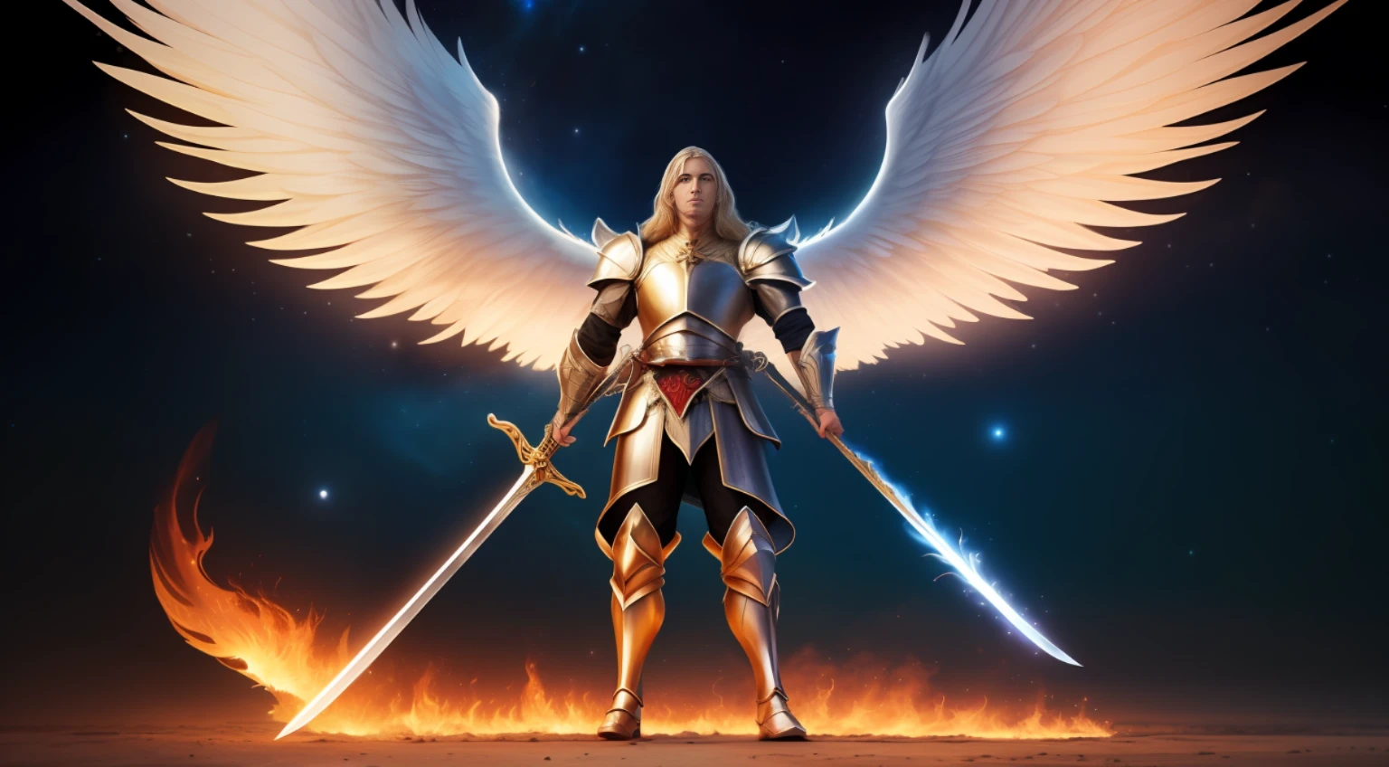 A man like Mighty Archangel Michael, with a muscular constitution and blond hair, is in battle armor, flaming sword of golden pearls, a flaming sacred aura radiating from his body, white wings made of stellar fire, moon background, surreal, fantasy, magical, intricate details, dramatic angle, (dynamic upper body posture: 1.1), dramatic illumination, depth of field. Best quality, masterpiece, ultra high resolution, (anime realism, photorealistic: 1.4), perfect composition, centered, symmetry --auto