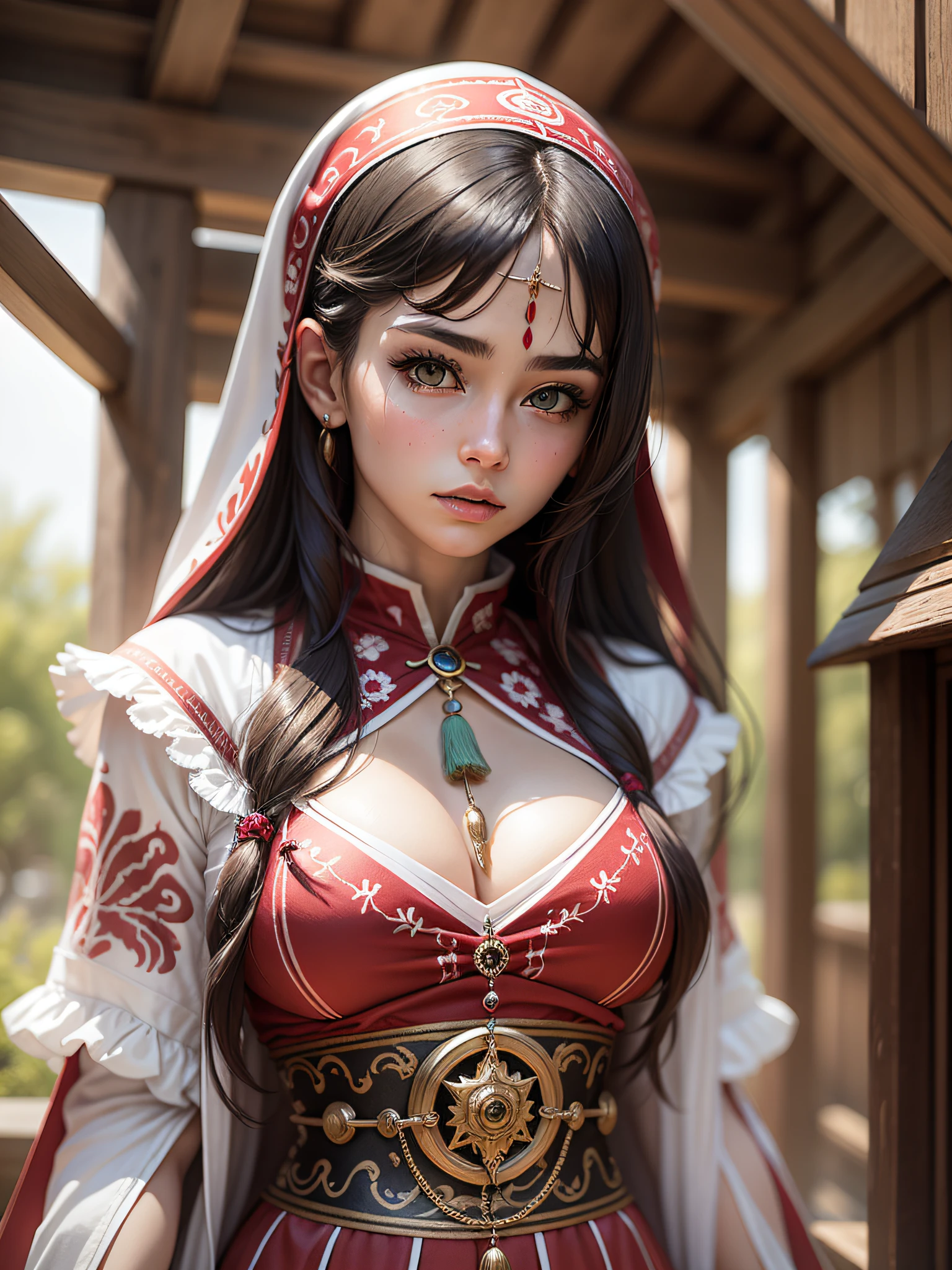 Masterpiece, realistic, woman in shrine red and white priestess costume, , photorealistic